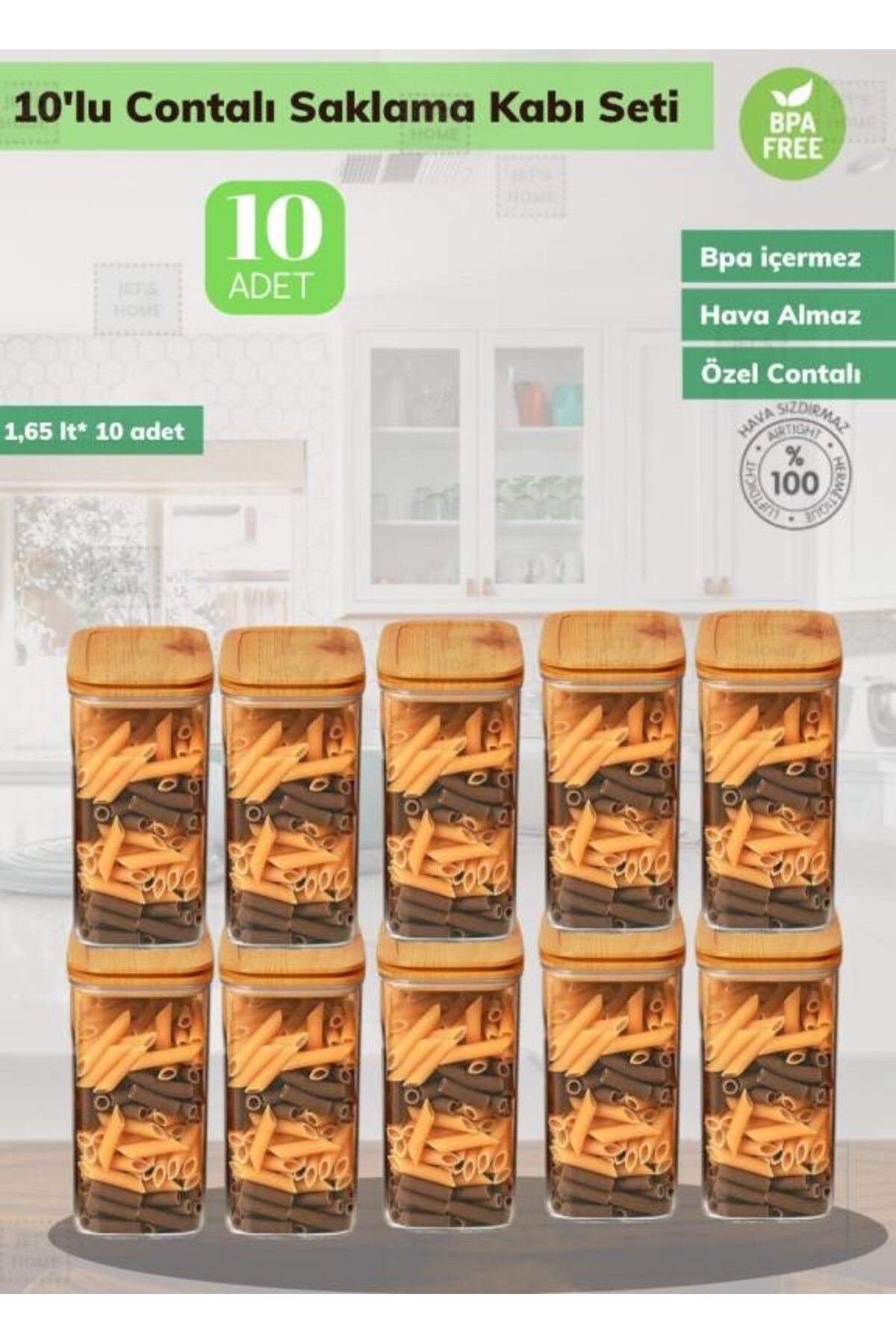 Jet's Home 10’lu Saklama Kabı Seti Erzak Bakliyat Kabı Bambu Desenli 1,65 Litre x 10 Adet