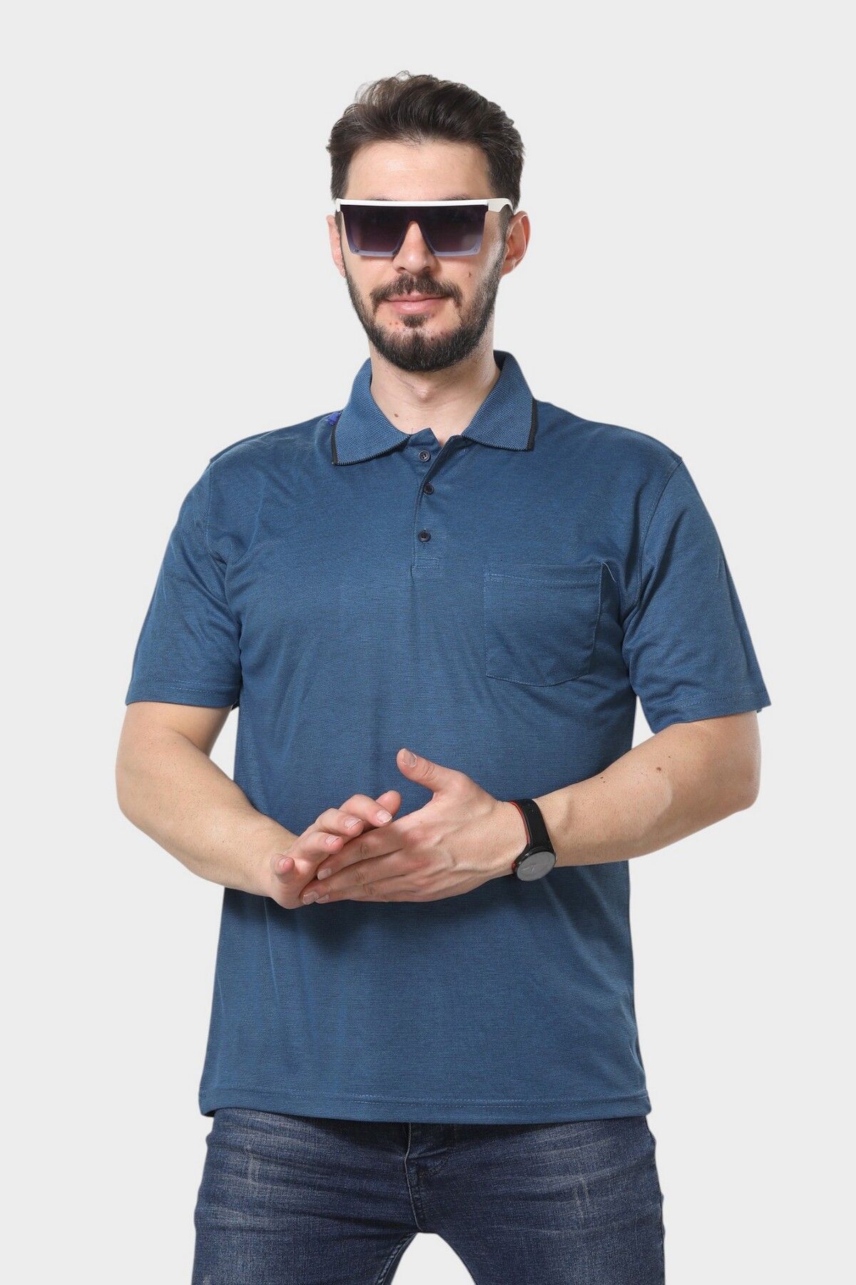 HEDEFNUR TEKSTİL Erkek Baba Tişört Yakalı Cepli Oxfort Düz Model Klasik Kesim