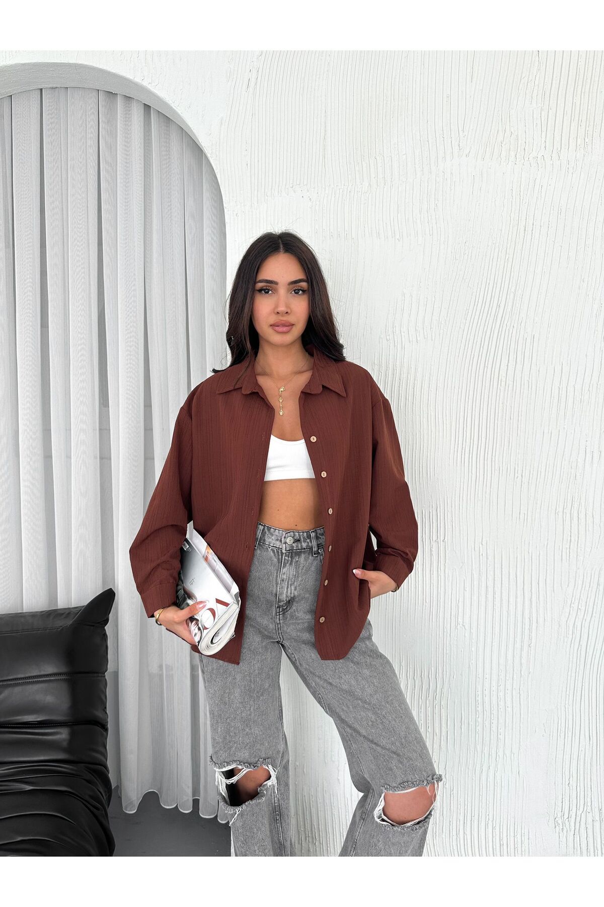 SBL COLLECTION Bürümcük Kumaş Kadın Oversize Gömlek