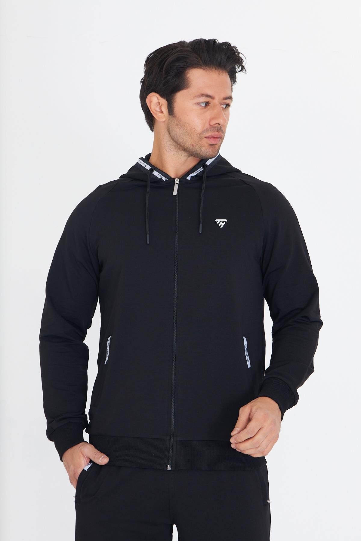 TRENDHİLL-Men's Cotton Hooded Tracksuit Set Black 5756-S 4