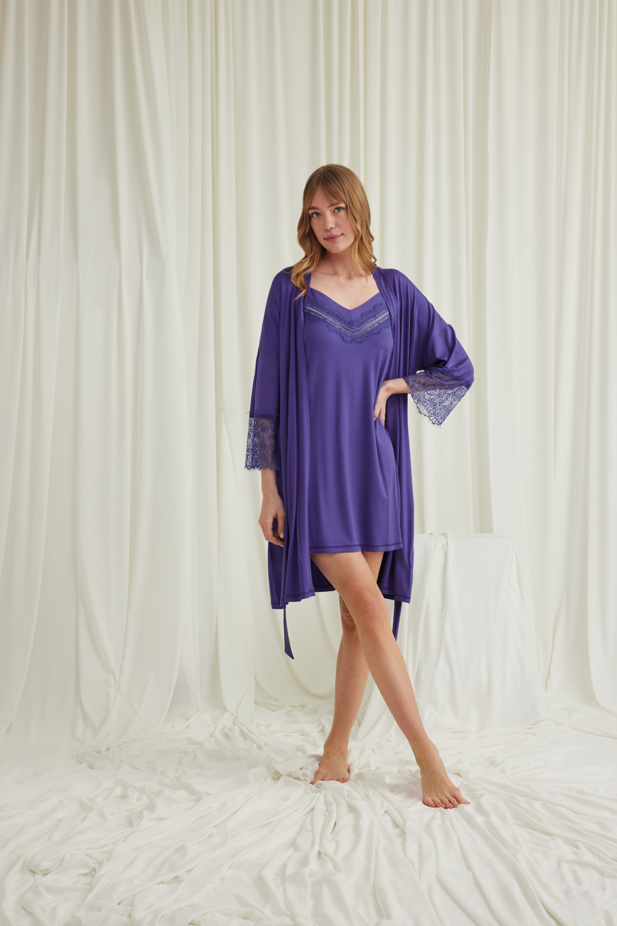 BLACKMORE Monamise Kadın Mor Dekolteli Yakası ve Kolu Dantelli Tasarım Gecelik-Sabahlık 2'li Takım