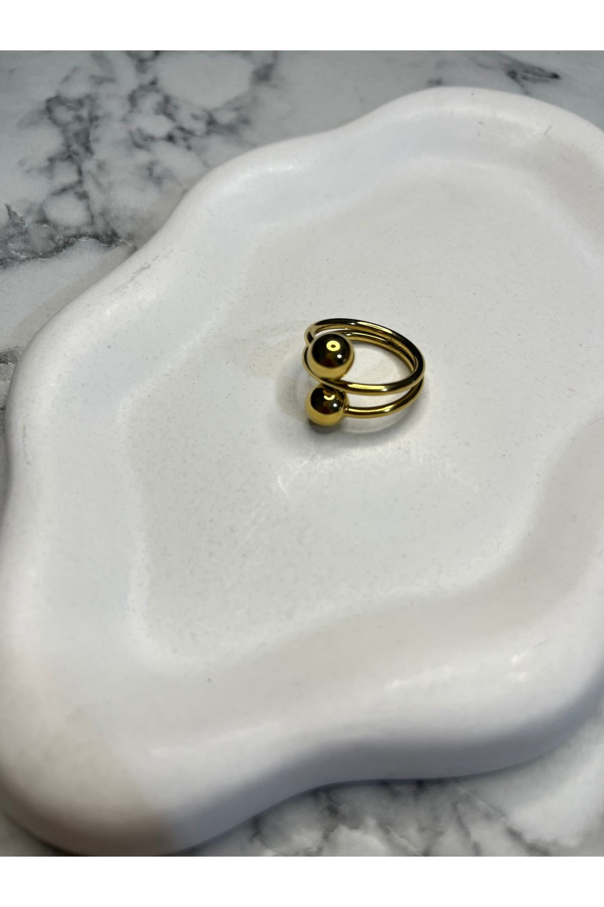 Fam&Co Jewelry Altın Kaplama Minimal Çift Top Detaylı Yüzük