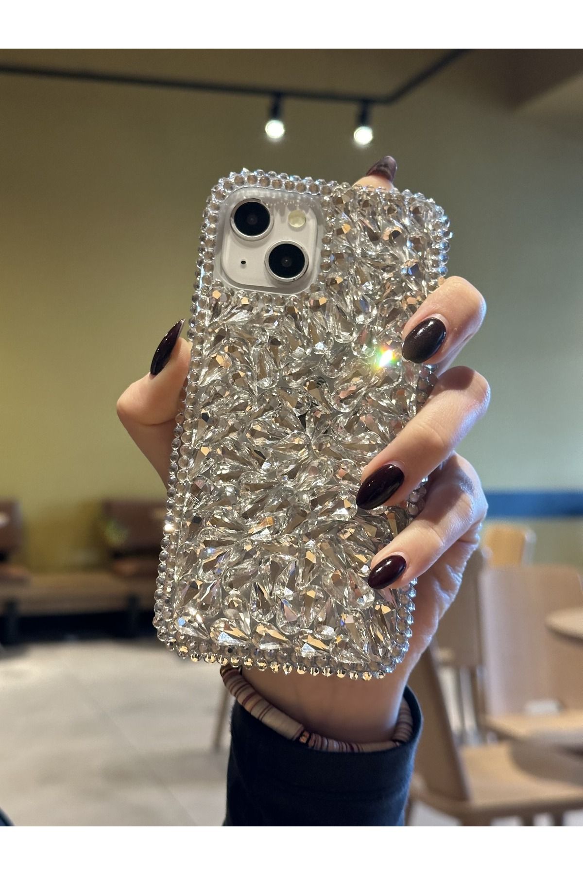 Paladyum Case iPhone 14 Plus Ve 15 Plus Uyumlu Lüks Gümüş Kristal Taşlı Kılıf