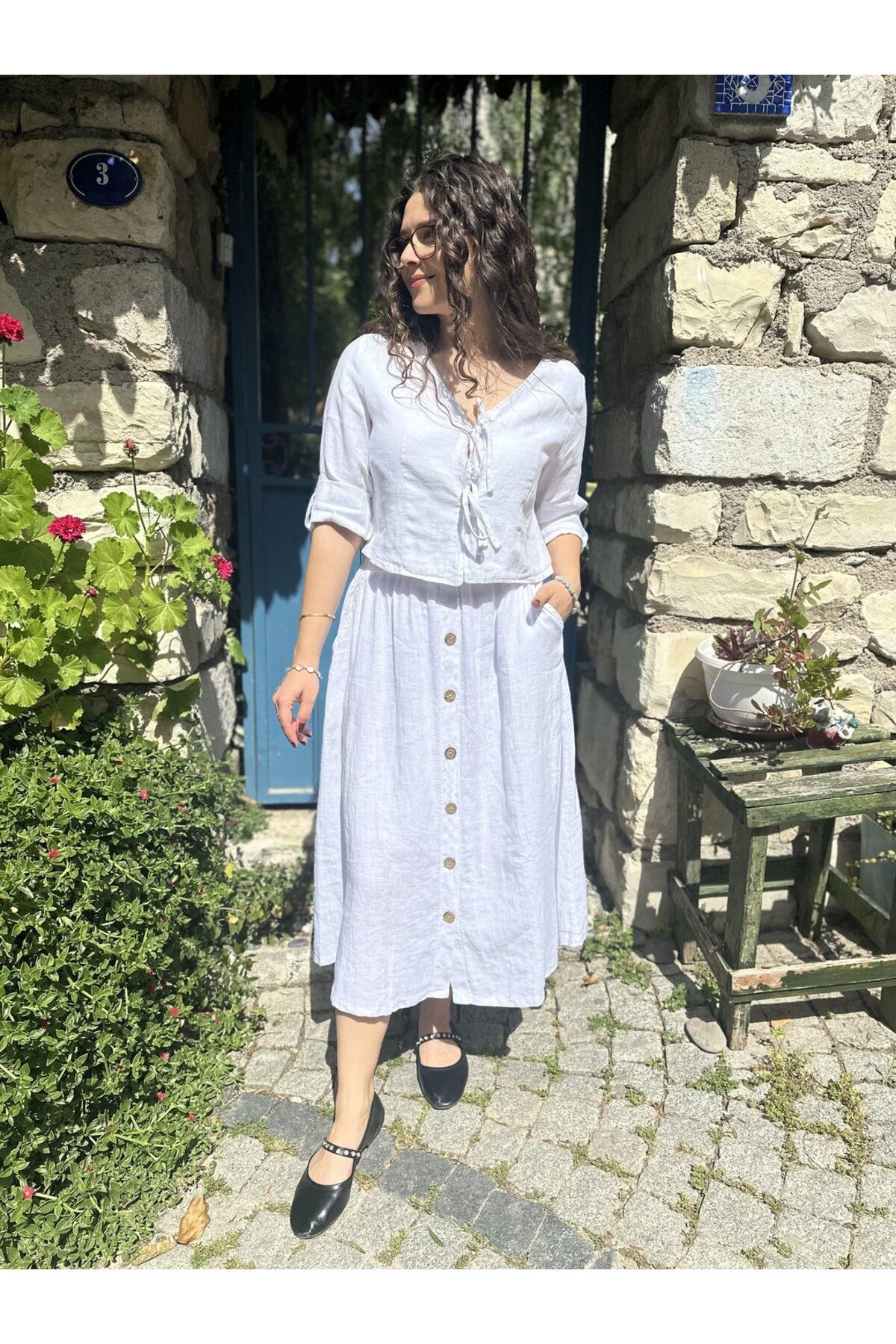 HATİCE CİVELEK Önü Düğmeli Keten Etek 311