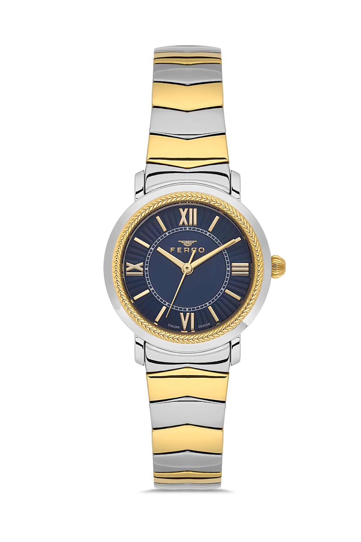 FERRO FL43009A-D3 Quartz Çelik Altın/Gri Lacivert Kadran 28 mm Kadın Kol Saati