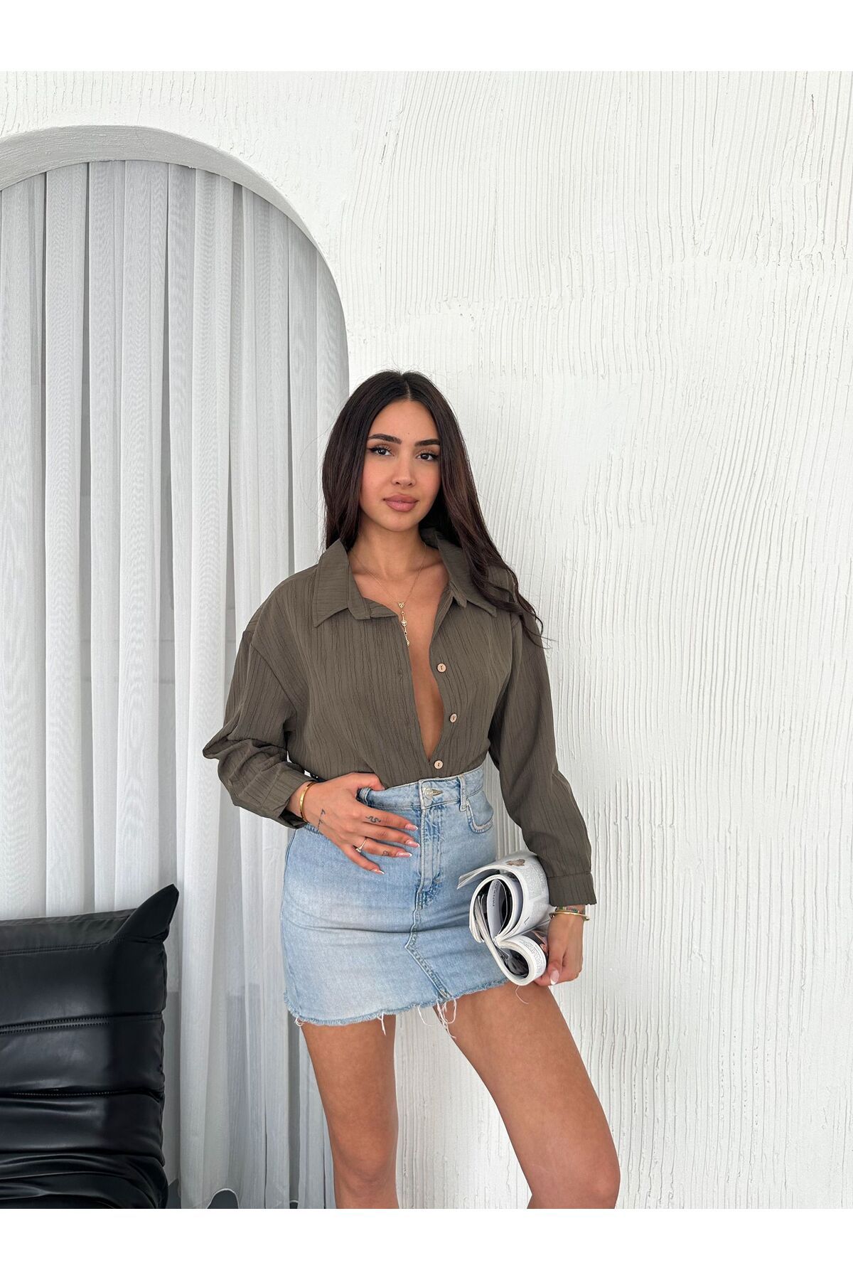 SBL COLLECTION Bürümcük Kumaş Kadın Oversize Gömlek