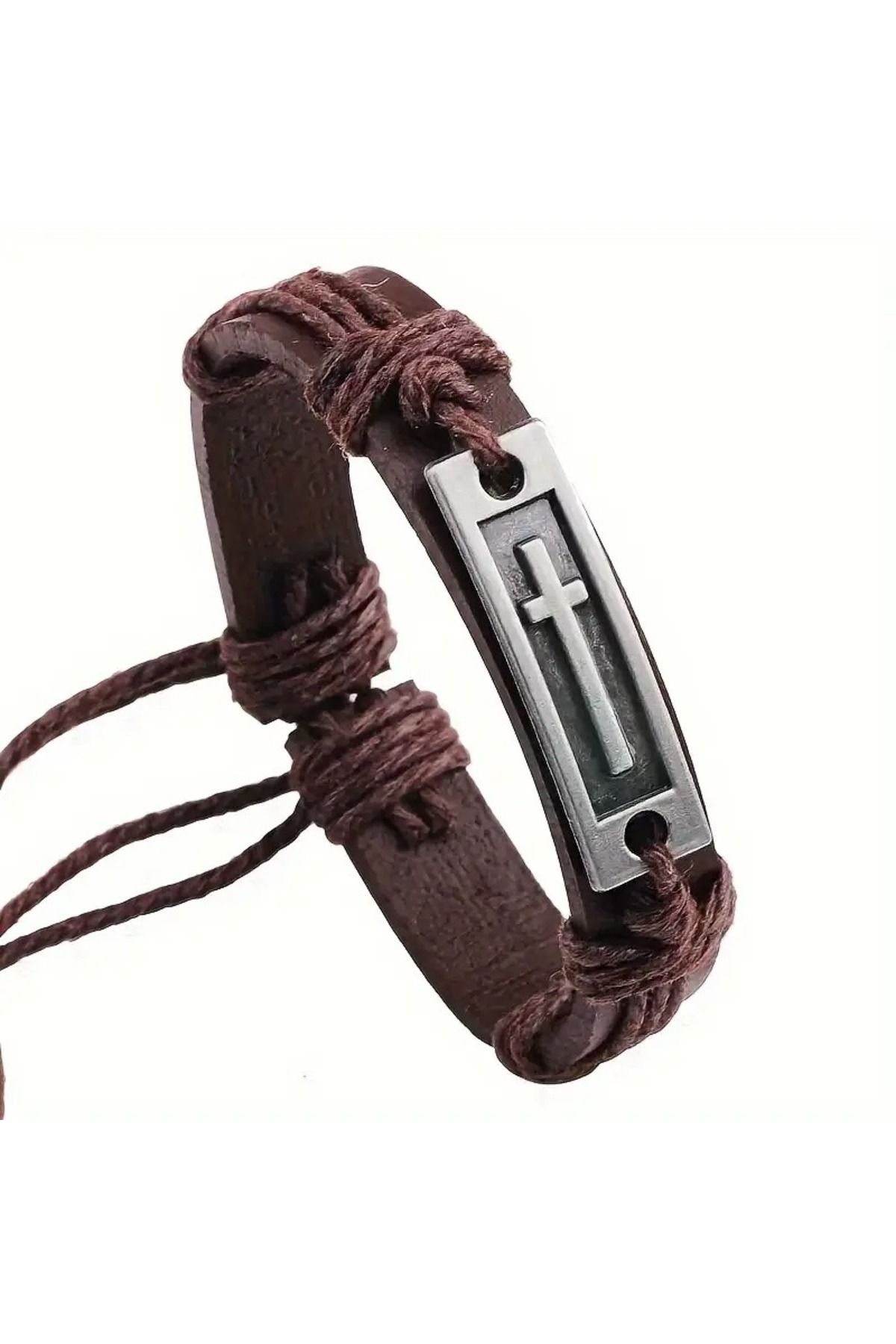 Feron accessories Erkek Deri Çelik Detaylı Örgü Bileklik – Gotik Haç Tasarımlı E-404