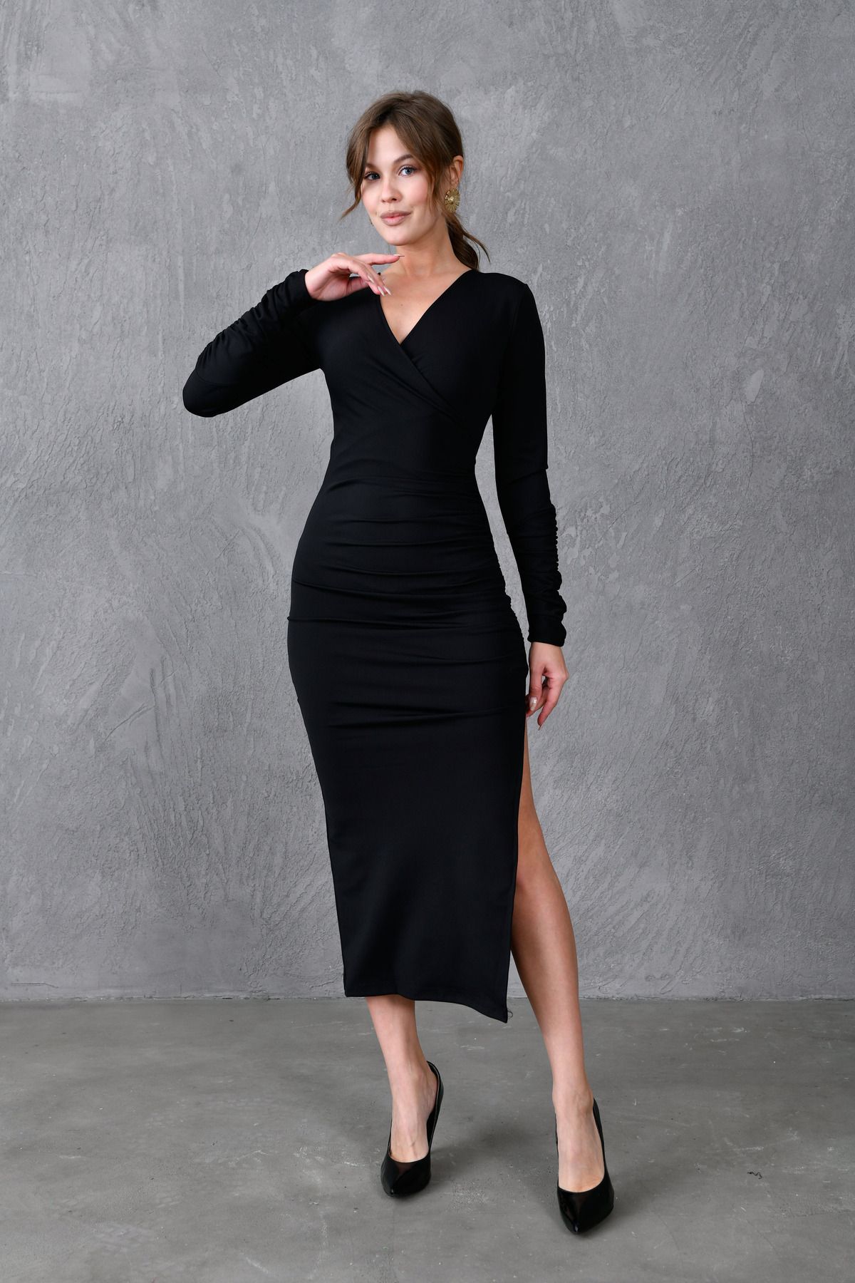 lovebox Kadın Siyah Micro Kumaş Drape Detaylı Uzun Kollu V Yaka Elbise 6031