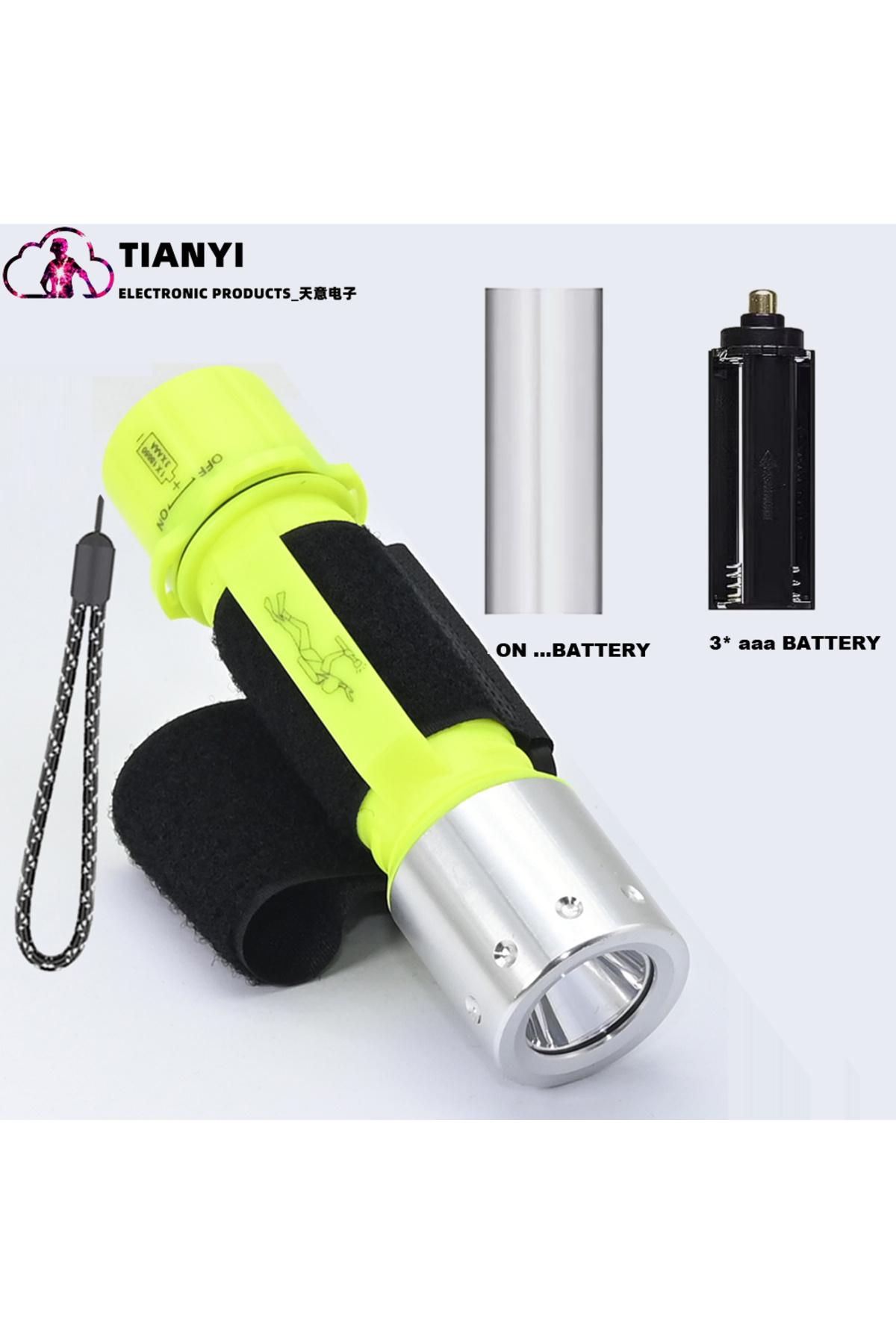 Activefire-18650 Lithium Battery Fixed Focus Yellow NO BATTERY Diving Flashlight with Rechargeable Power, Scuba 1