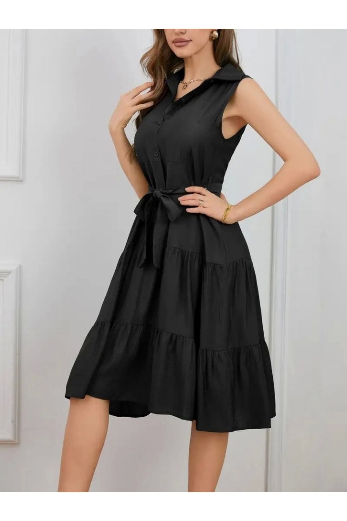 Butik Kadın Kısa Kollu Gömlek Yaka Düğmeli Beli Kuşaklı Katlı Dokuma Midi Elbise