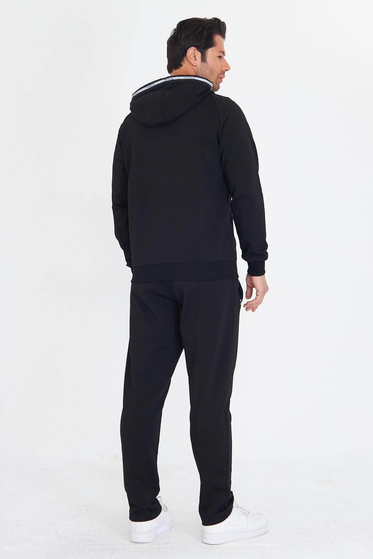 TRENDHİLL-Men's Cotton Hooded Tracksuit Set Black 5756-S 7