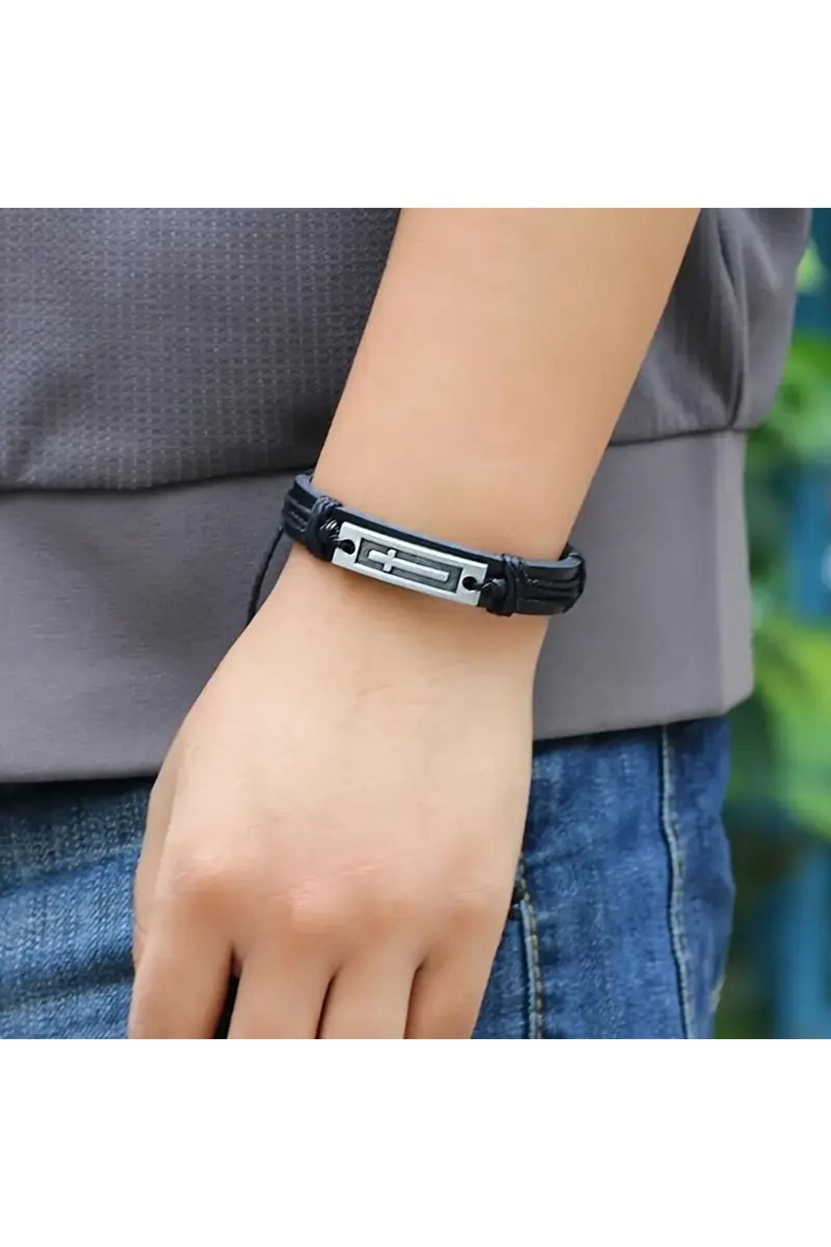 Feron accessories Erkek Deri Çelik Detaylı Örgü Bileklik – Gotik Haç Tasarımlı E-404