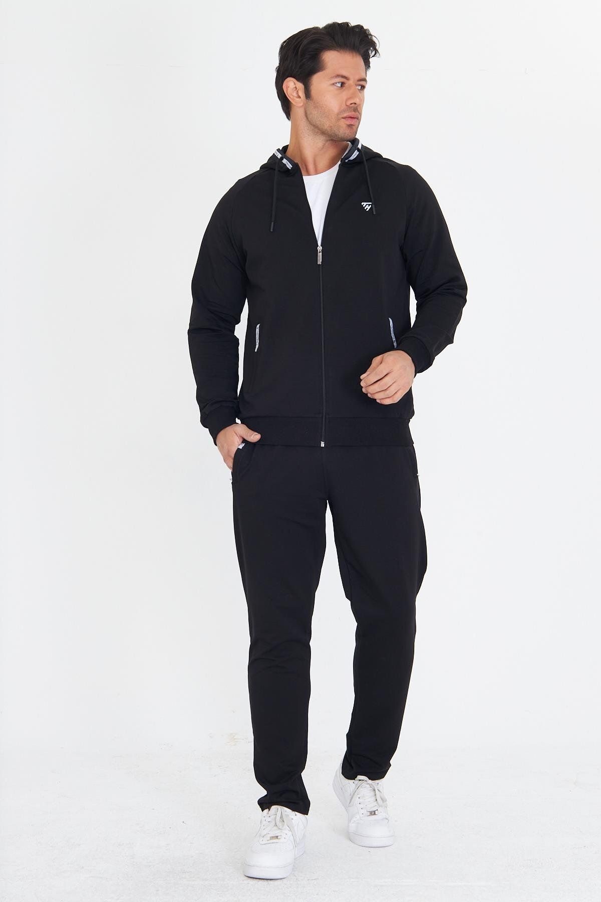 TRENDHİLL-Men's Cotton Hooded Tracksuit Set Black 5756-S 2