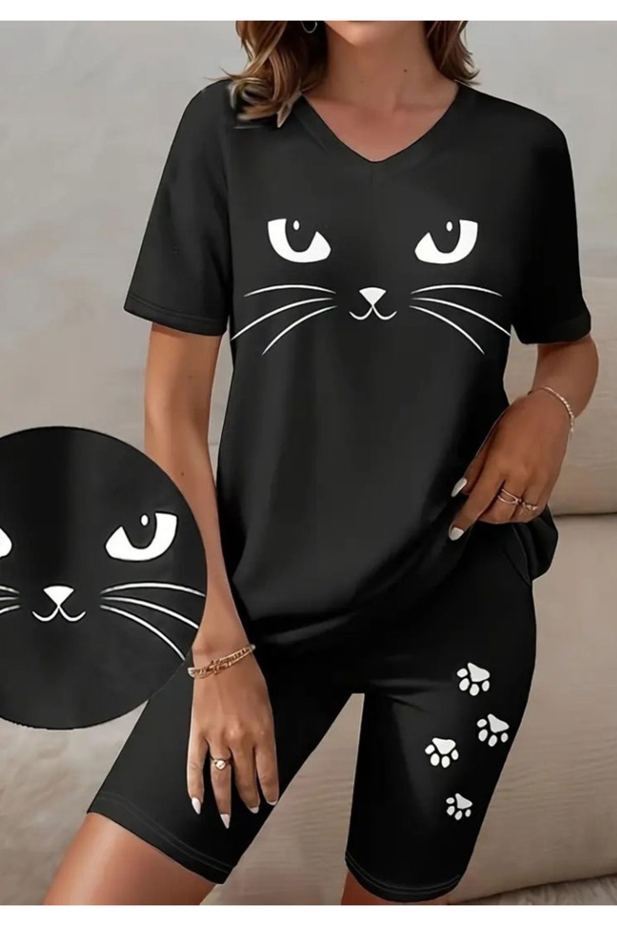 Little Visqon Kadın Kısa Kollu V Yakalı Kedi Desenli Viskon İki İplik Bluz Ve Şort İkili Takım