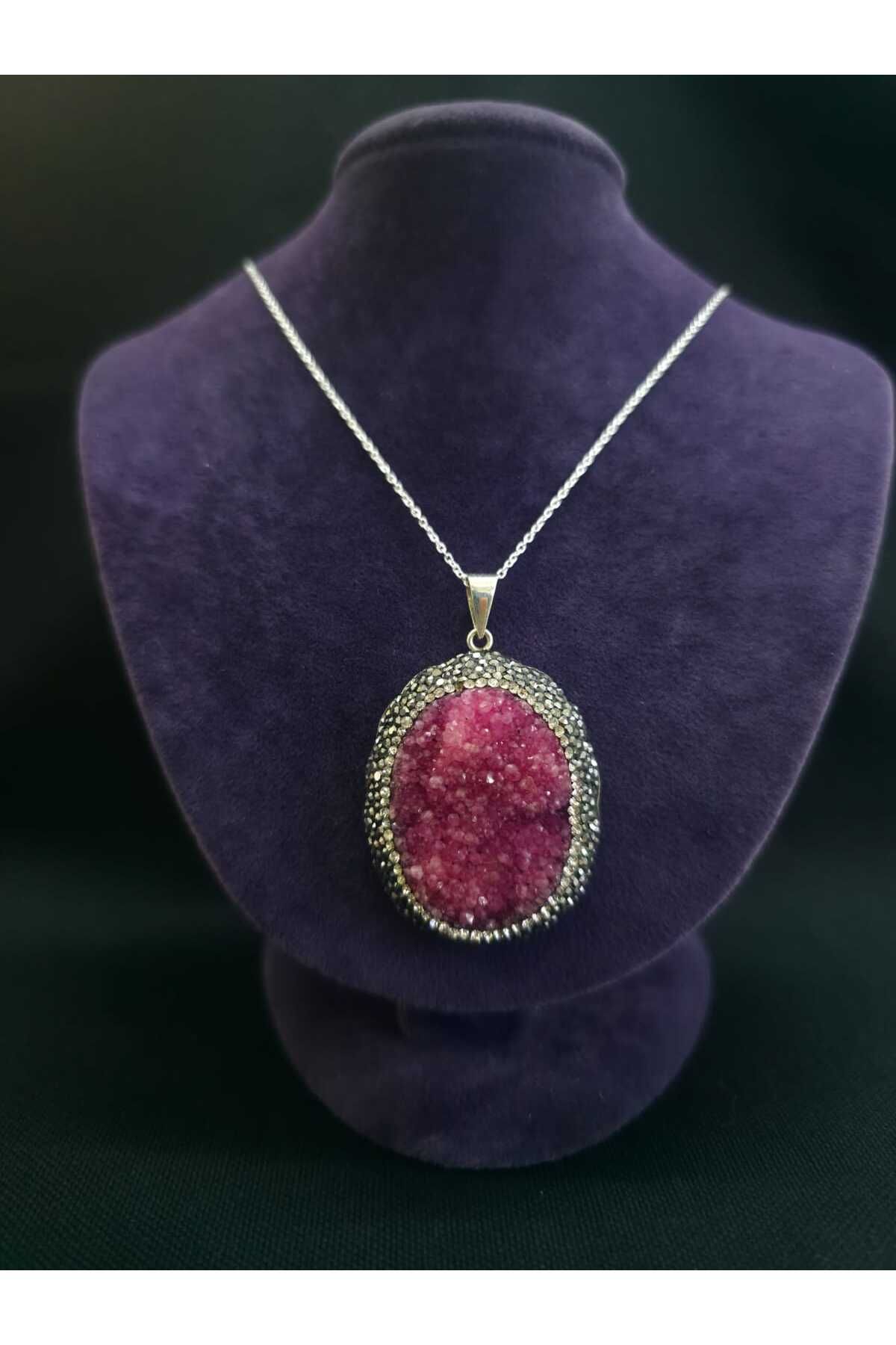 sarıyer silver Yakut Doğal İşlenmemiş Ham Taşlı Ve Markazit Taşlı İşlemeli 925 Ayar Gümüş Kolye