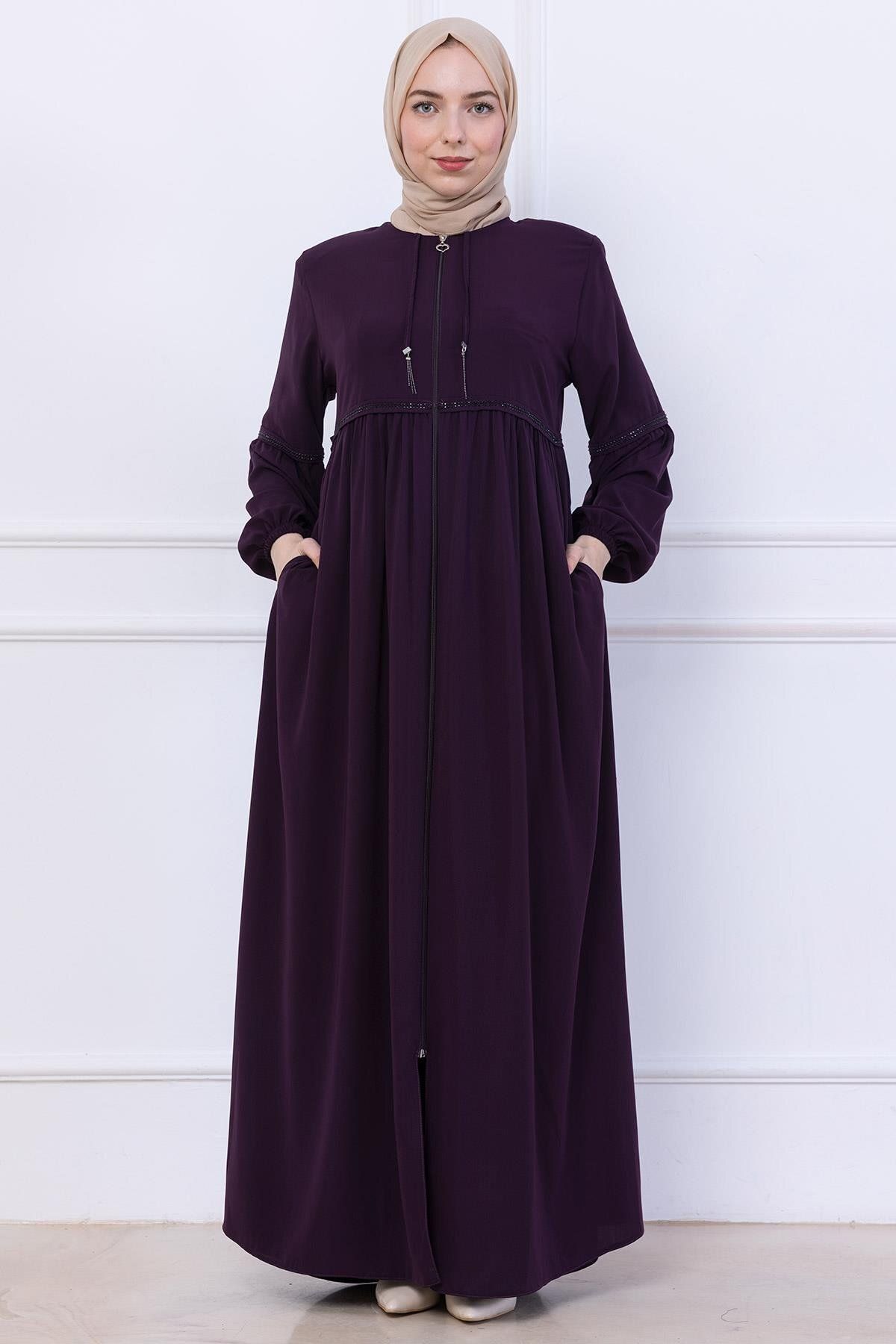 hafsamina Büzgülü Taşlı Ferace Mürdüm HM2732
