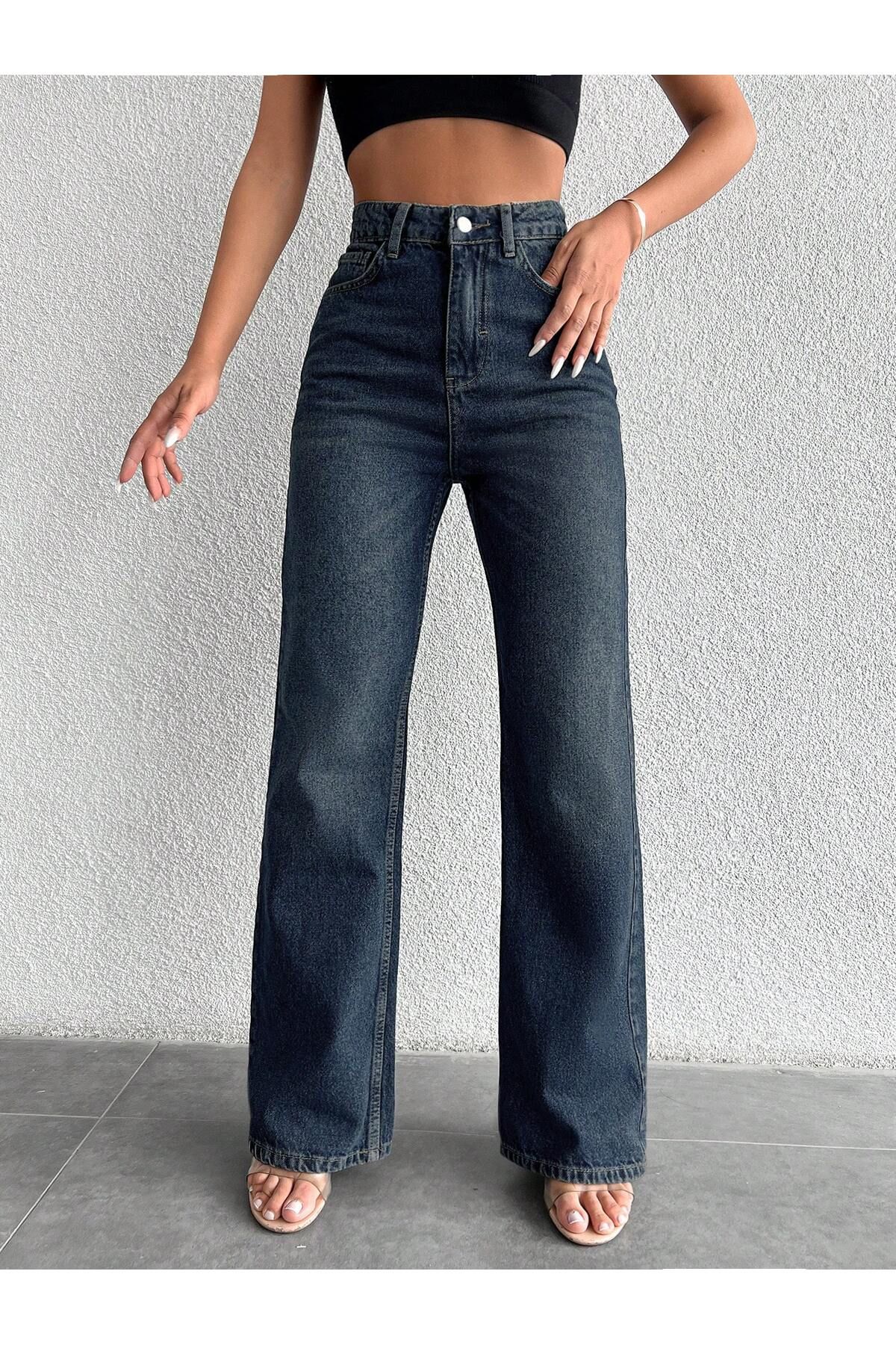 By Caspita Fashion Lenithra Kadın Yüksel Bel Mavi Palazzo Yeşil Tintli Yıkamalı Geniş Paça Salaş Denim Jean Likrasız