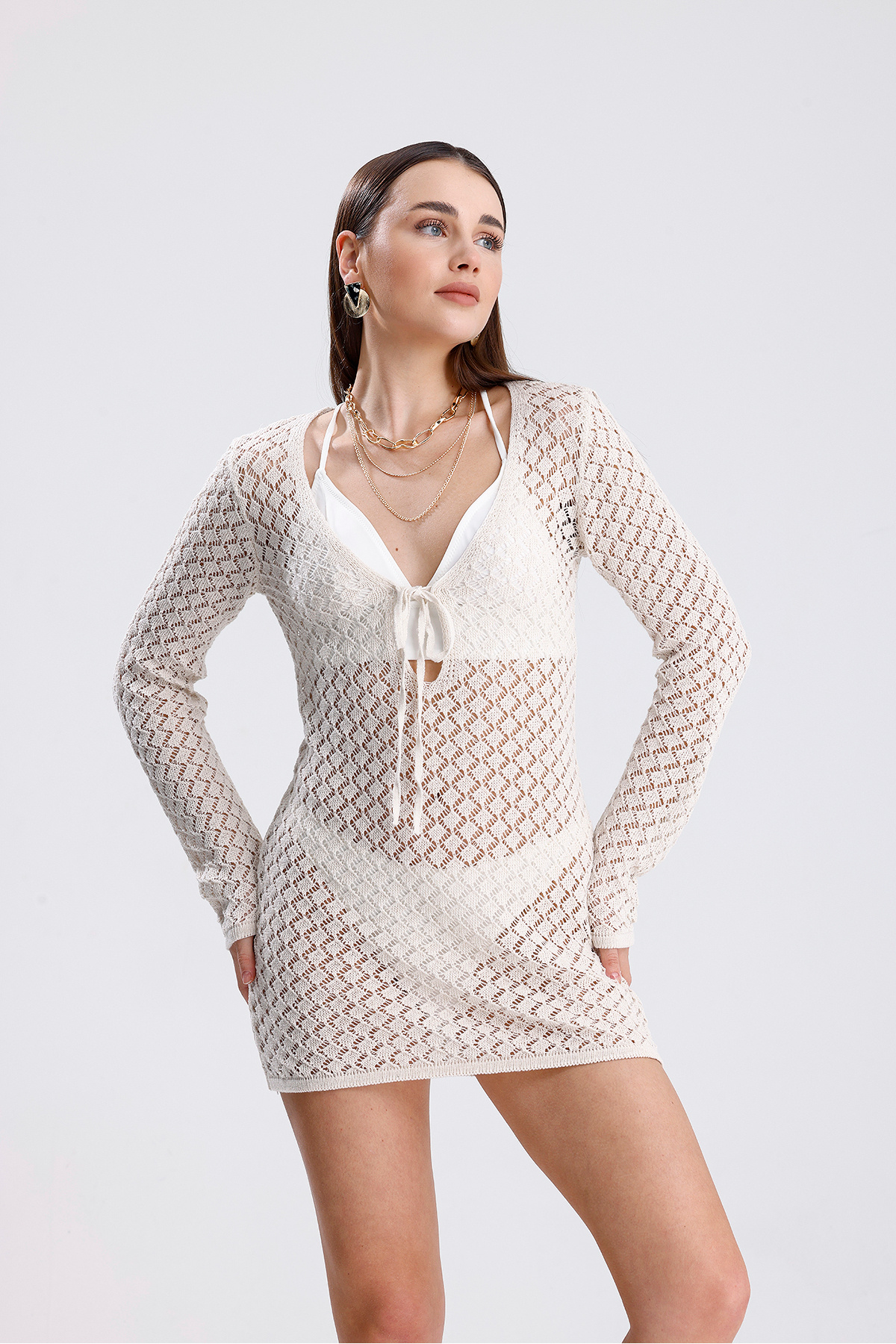 YUGA KNİTTİNG KADIN TRİKO ÖRGÜ AJURLU PLAJ ELBİSİ