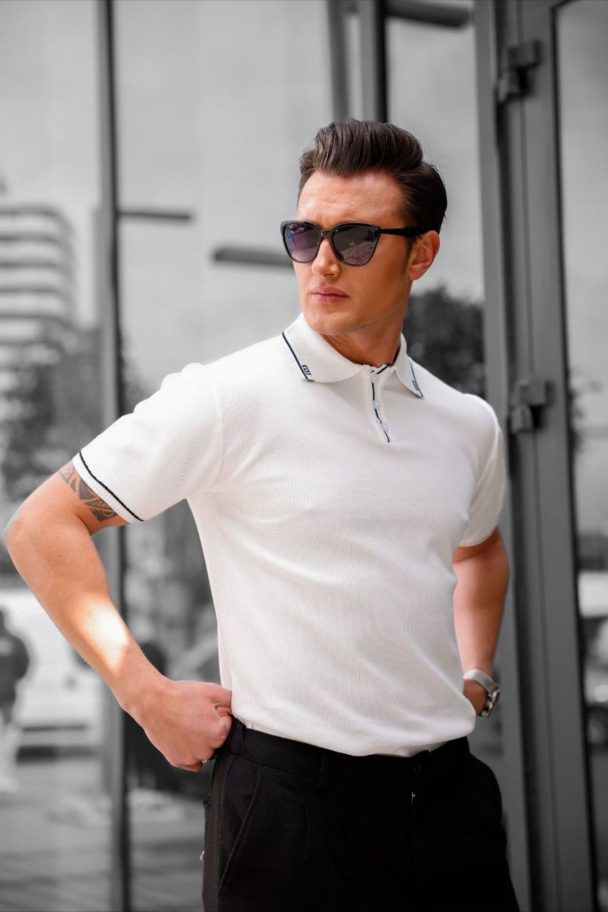 GAYIŞ Beyaz Erkek Triko Örme Polo Yaka Şerit Detaylı T-Shirt, Erkek Beyaz Tişört
