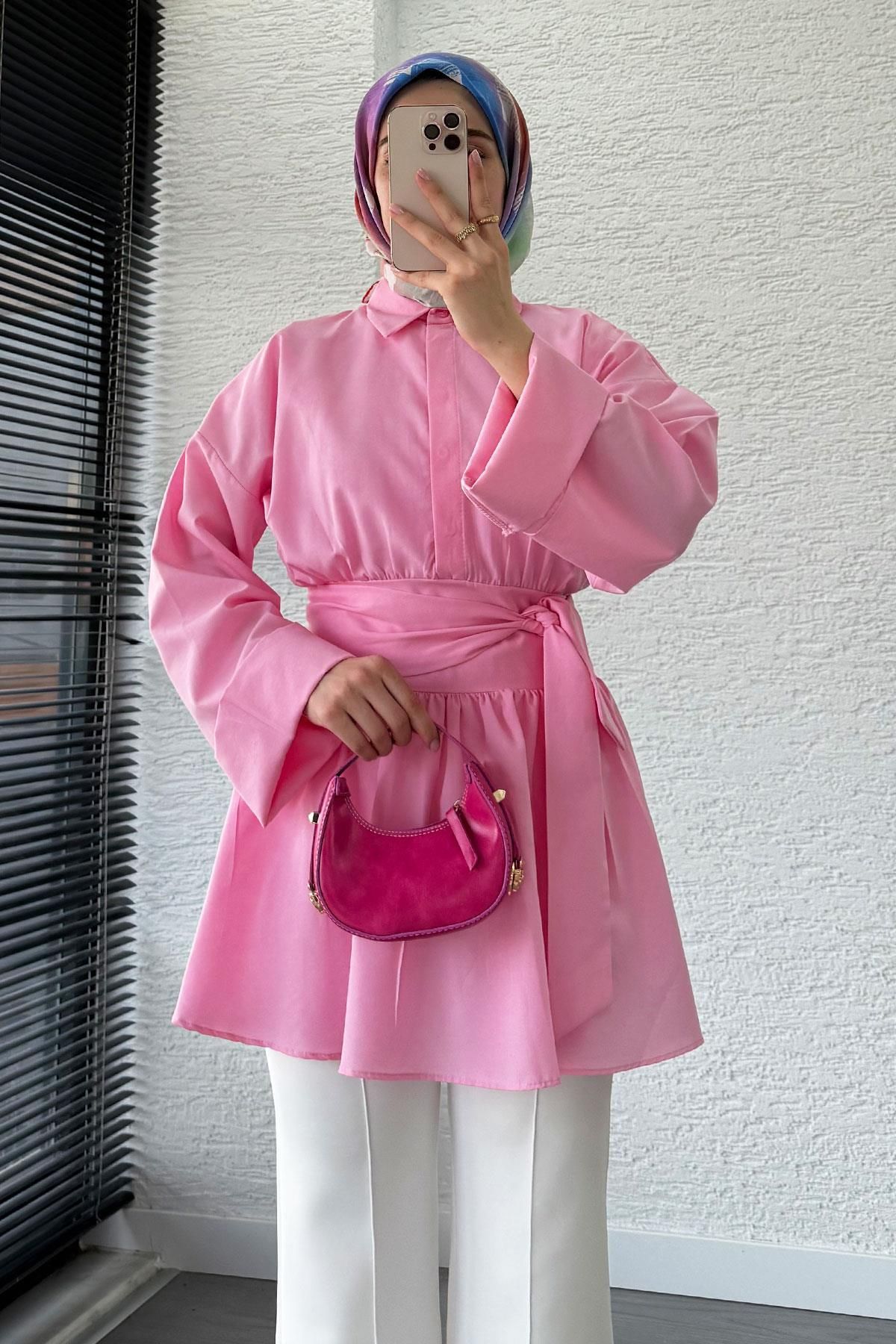 MELEK ARAZ Bel Kuşaklı Poplin Tunik-Pembe