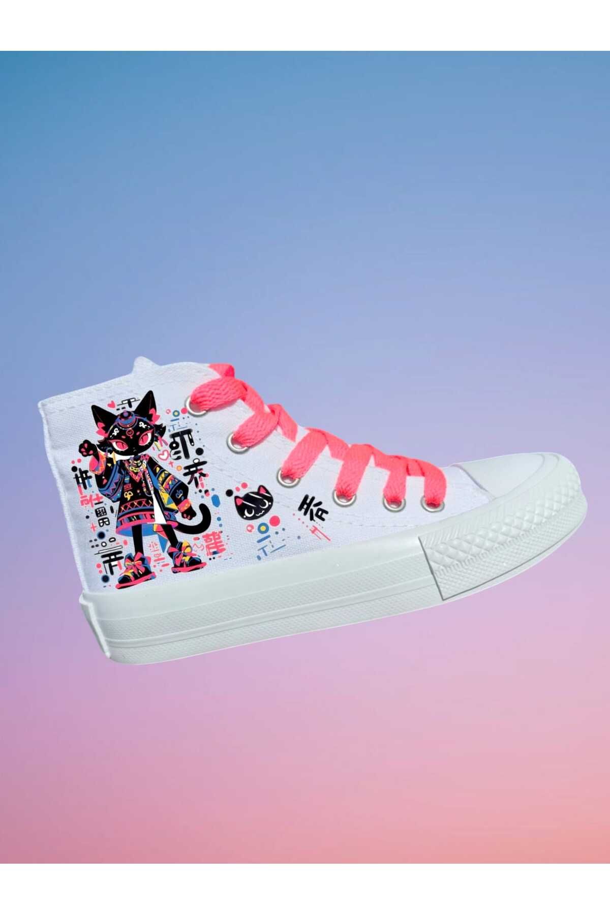 LİASSHOES kraliçe kedi baskılı keten bağcıklı çocuk spor ayakkabı sneaker
