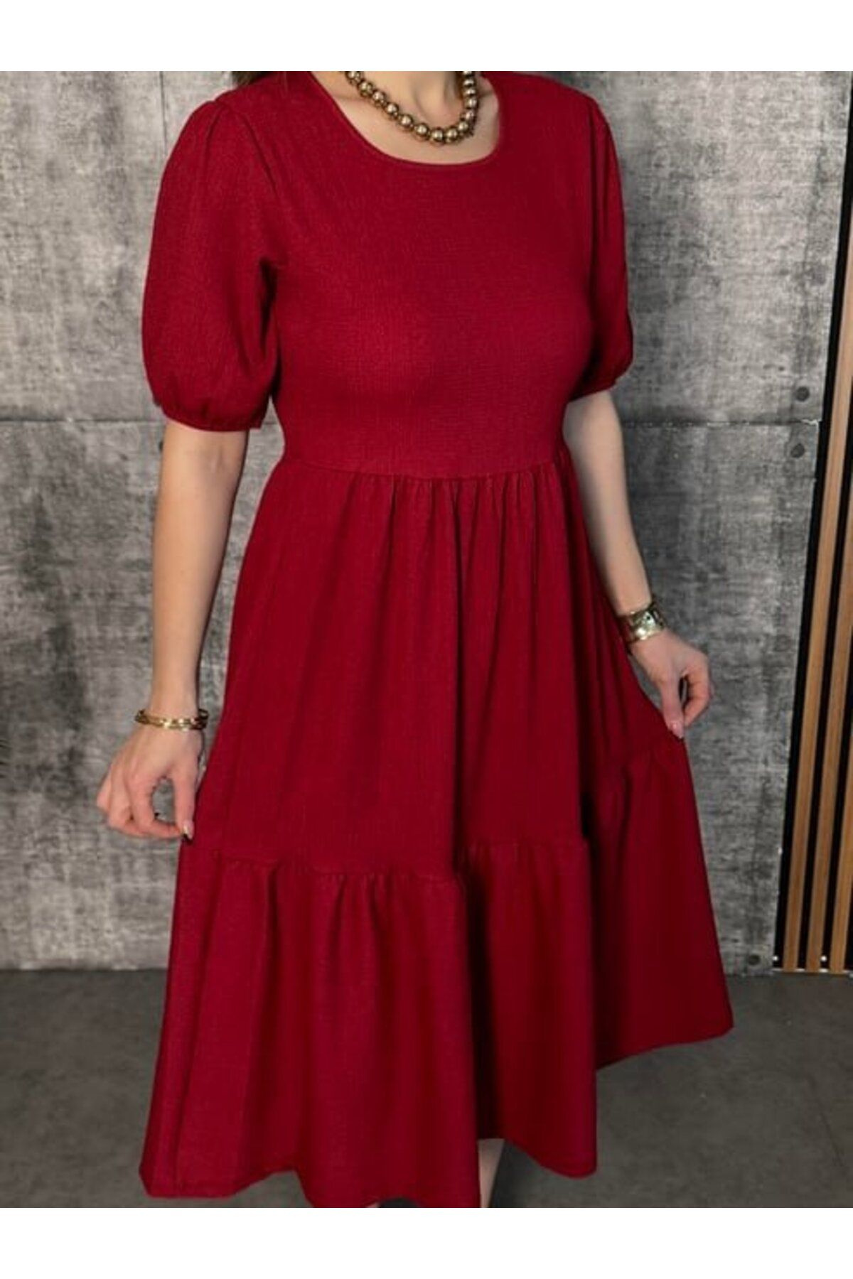 velmorafashion Kadın Kısa Kollu Yakası Açık Katlı Bürümcük Balon Elbise