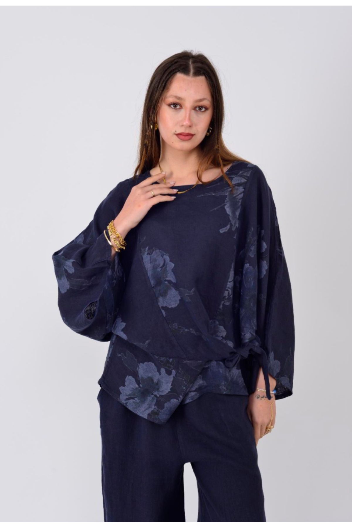 Park Moda LACİVERT RENK BUKET DESEN BAĞLAMALI KETEN BLUZ