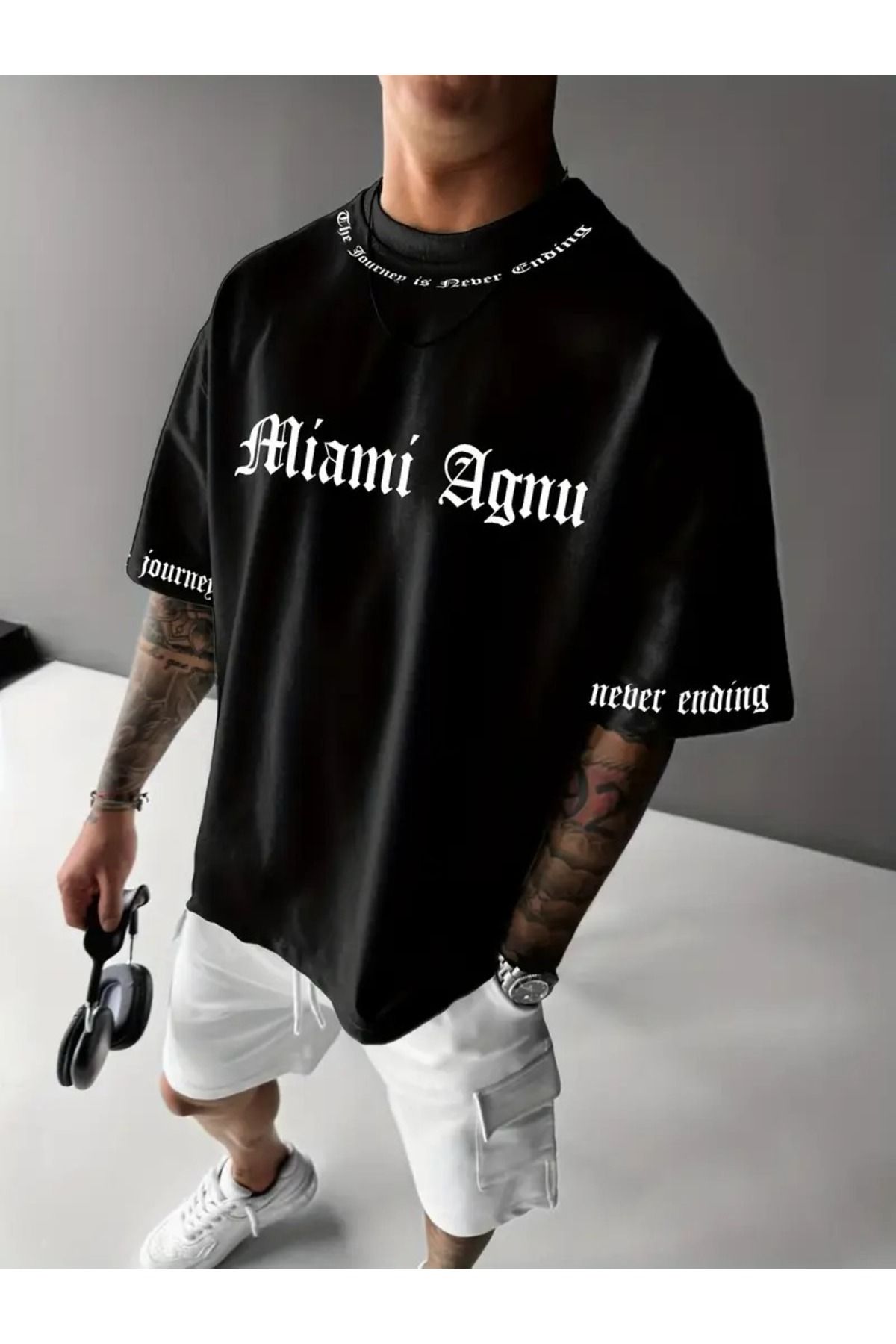 LAND MODA Erkekler için Miami Desenli Dış Mekan Spor T-shirt, Rahat Kısa Kollu, Yuvarlak Yaka Üst, Moda Trend