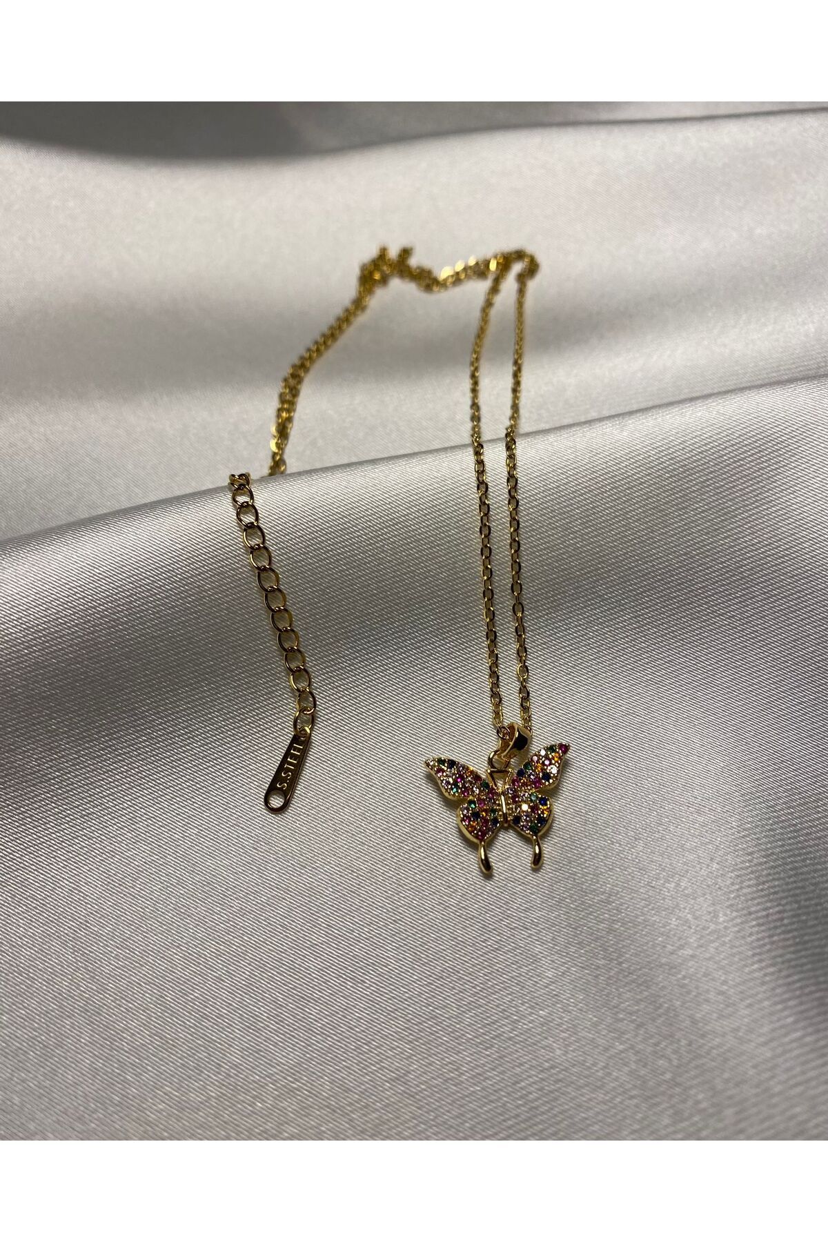 jemilas Çelik Renkli Zirkon Taşlı Kelebek Figürlü Gold Kolye (Kutulu)