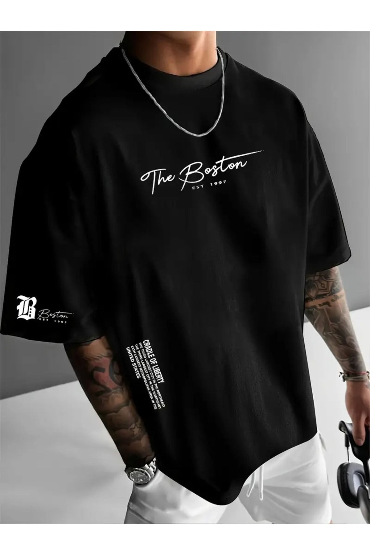 LAND MODA Erkekler için Boston Slogan T-Shirt - "The Boston" Baskısı, Rahat Bol Kesim