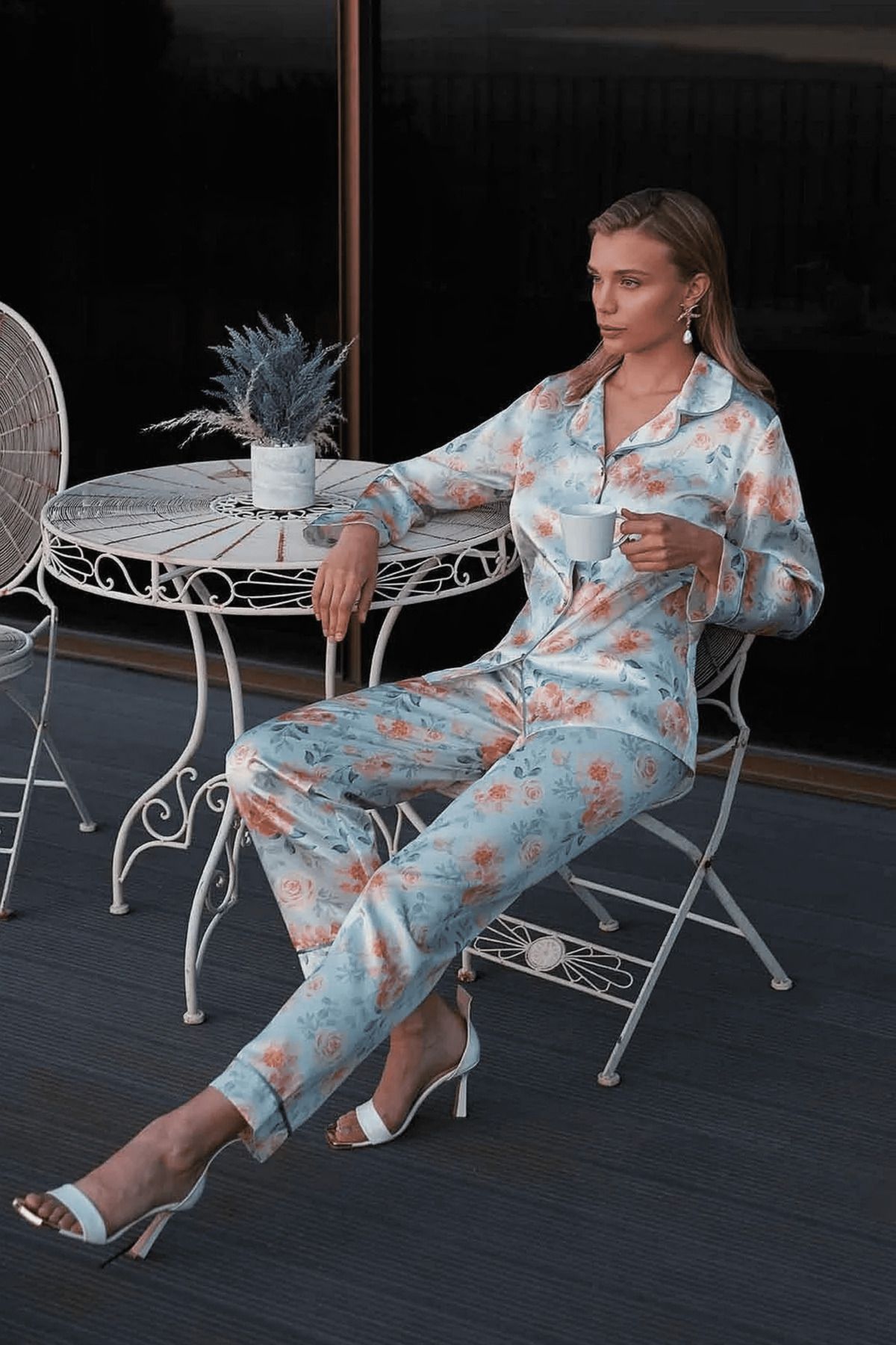Mavelle Kadın Çiçek Desenli Saten Gömlek Uzun Kollu Pijama Takımı 5654