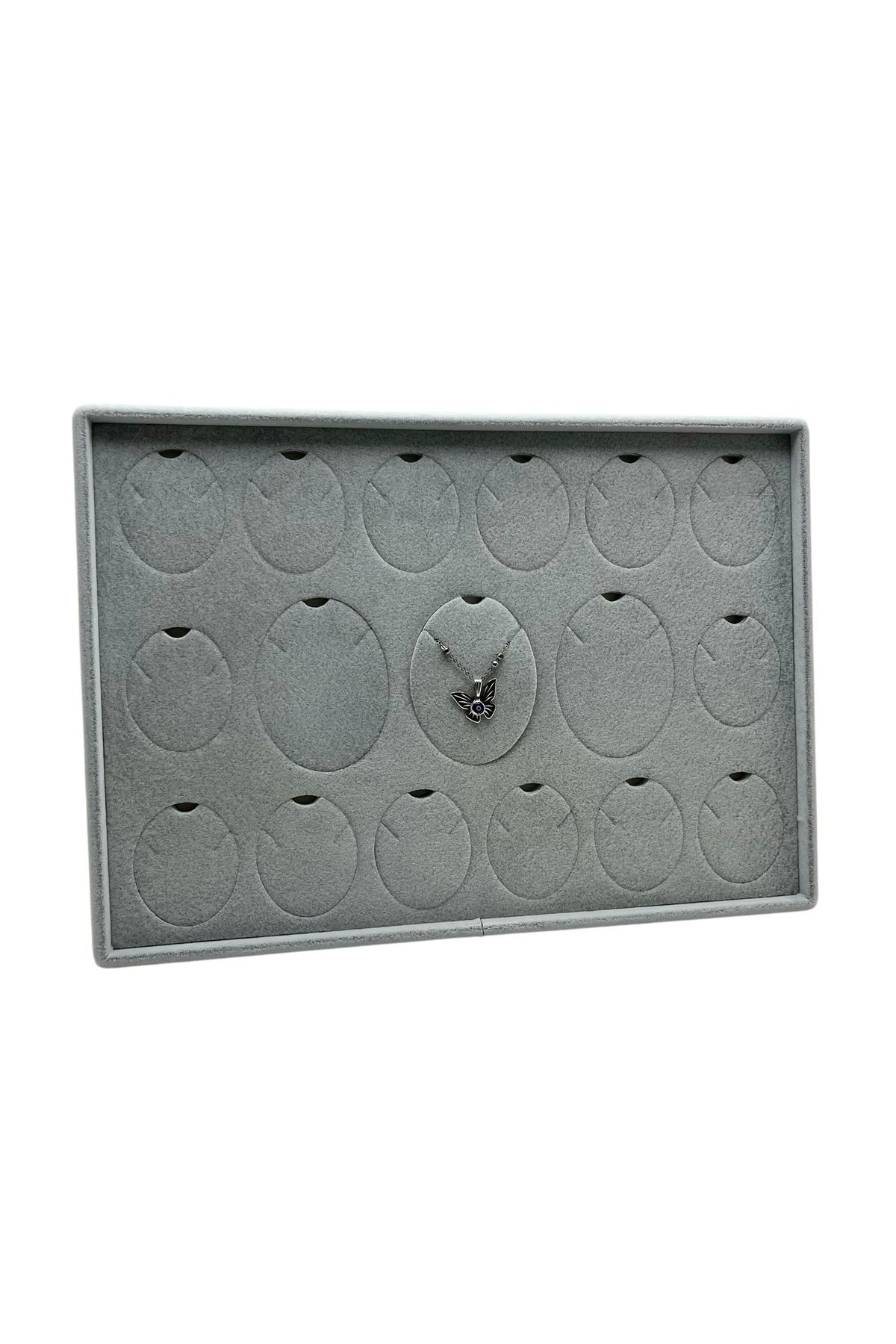 MeGass Dekor Yerli Üretim Bükreş Model Dikine Süet Kumaş Gri 34-24 Cm Ayaklı Üçlü Set Tabla Stand