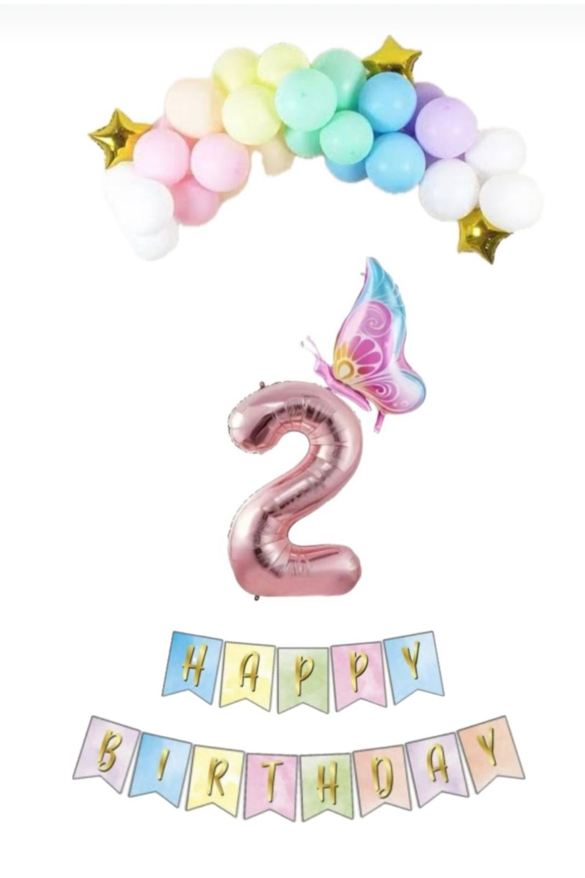 SİNDA Makaron Renklerde Doğum Günü Konsepti - Makoron Balon - Folyo Kelebek - Banner