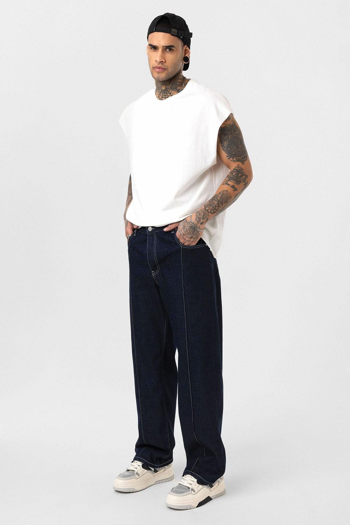 VAMOSCLO Dikiş Detaylı Relaxed Fit Jean Koyu Mavi