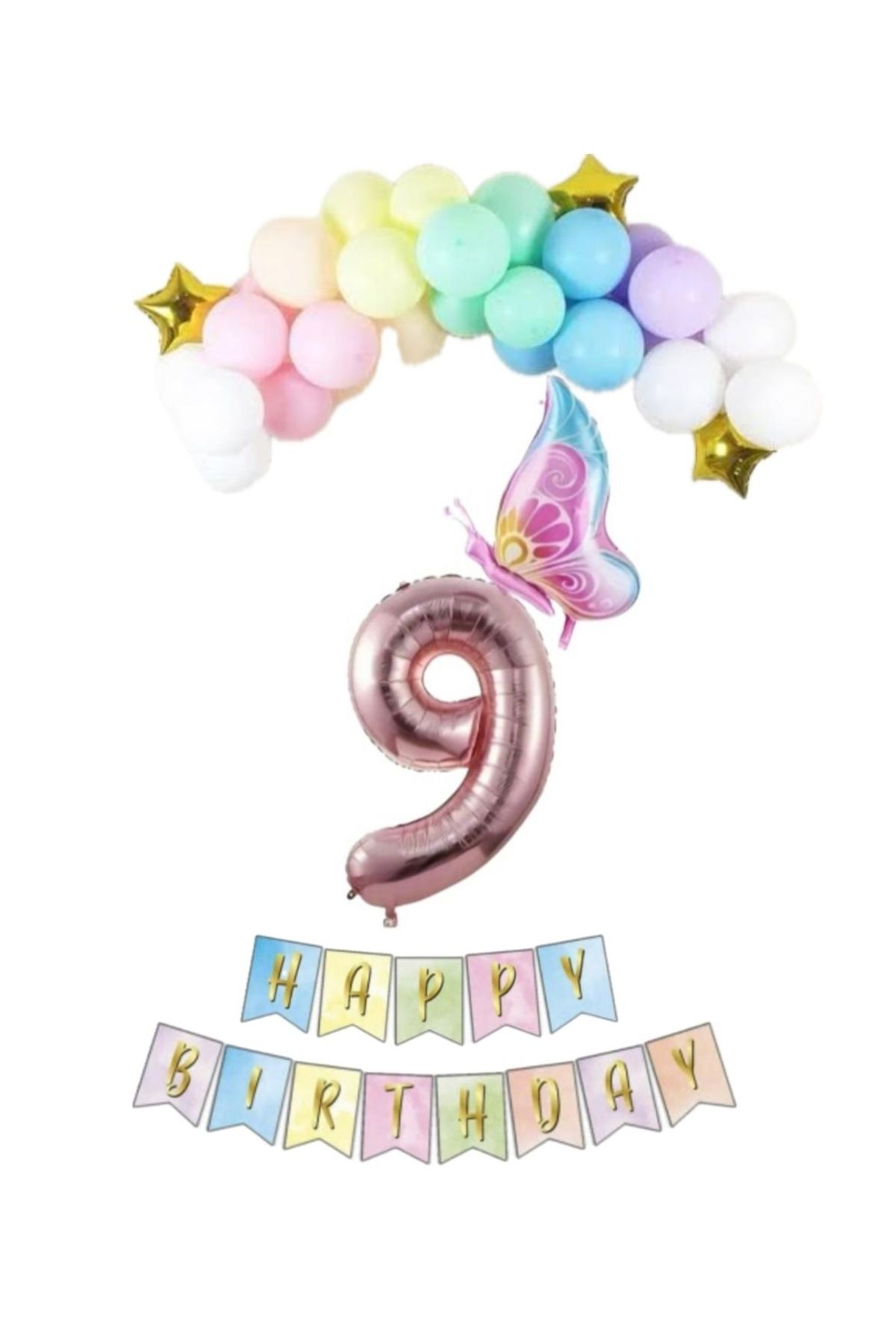 SİNDA Makaron Renklerde Doğum Günü Konsepti - Makoron Balon - Folyo Kelebek - Banner