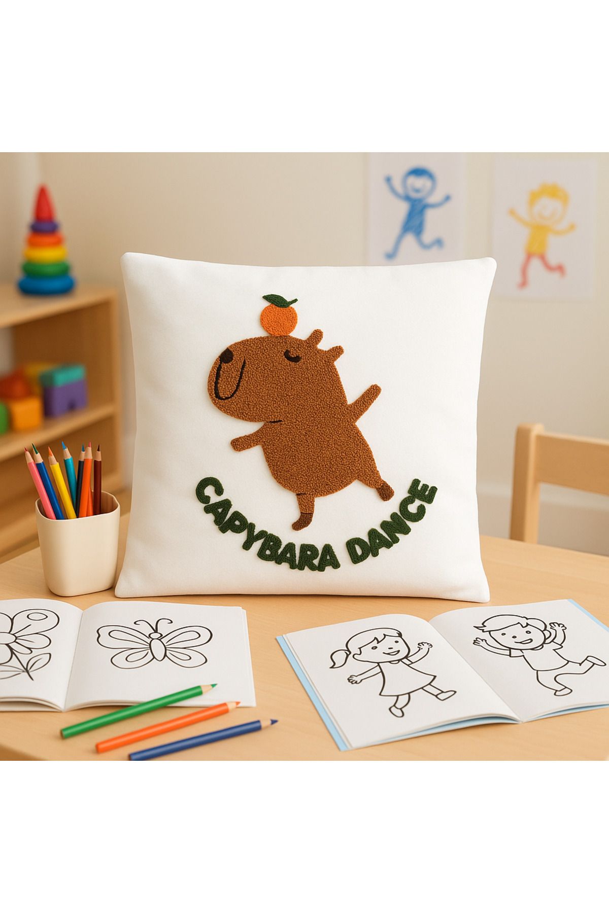 Melina Home Deco Capybara Punch Dekoratif Kırlent Kılıfı, Punch Nakış Tekniği, 43x43cm, 1 ADET