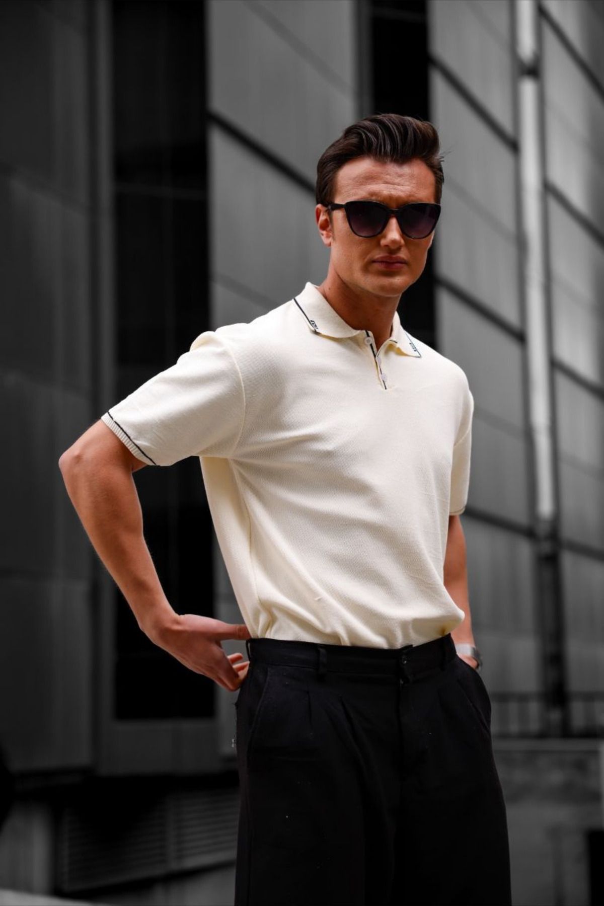GAYIŞ Bej Erkek Triko Örme Polo Yaka Şerit Detaylı T-Shirt, Erkek Bej Tişört