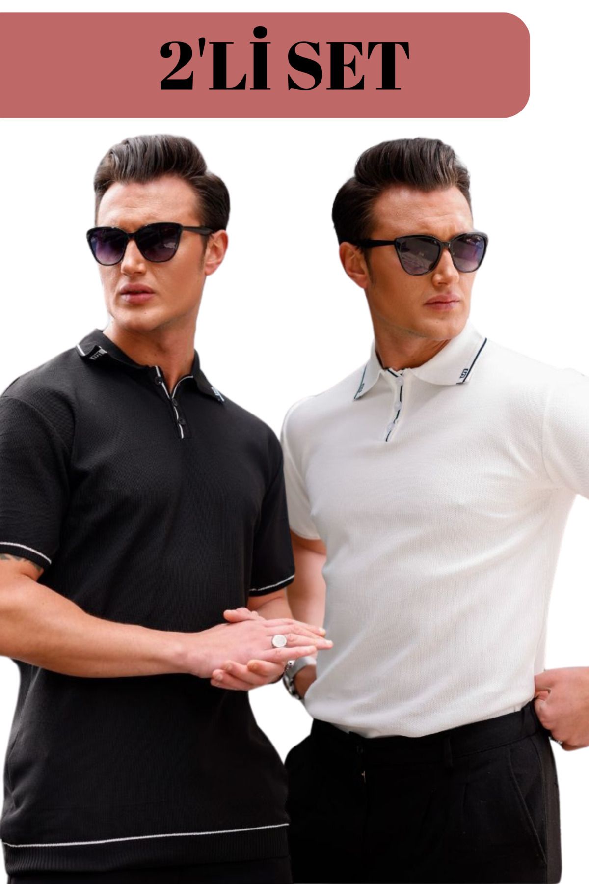 GAYIŞ 2'li Siyah-Beyaz Erkek Triko Örme Polo Yaka Şerit Detaylı T-Shirt, Erkek Siyah-Beyaz Tişört