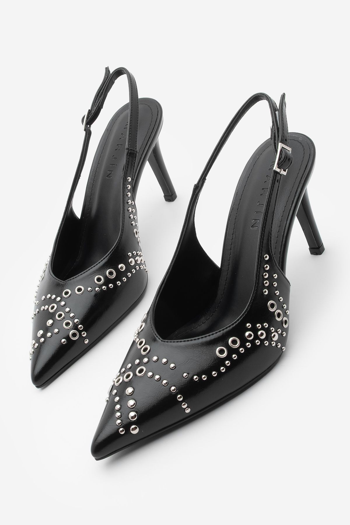 Marjin Kadın Stiletto Sivri Burun Troklu Zımbalı Arkası Açık Atkılı Topuklu Ayakkabı Lorfi Siyah