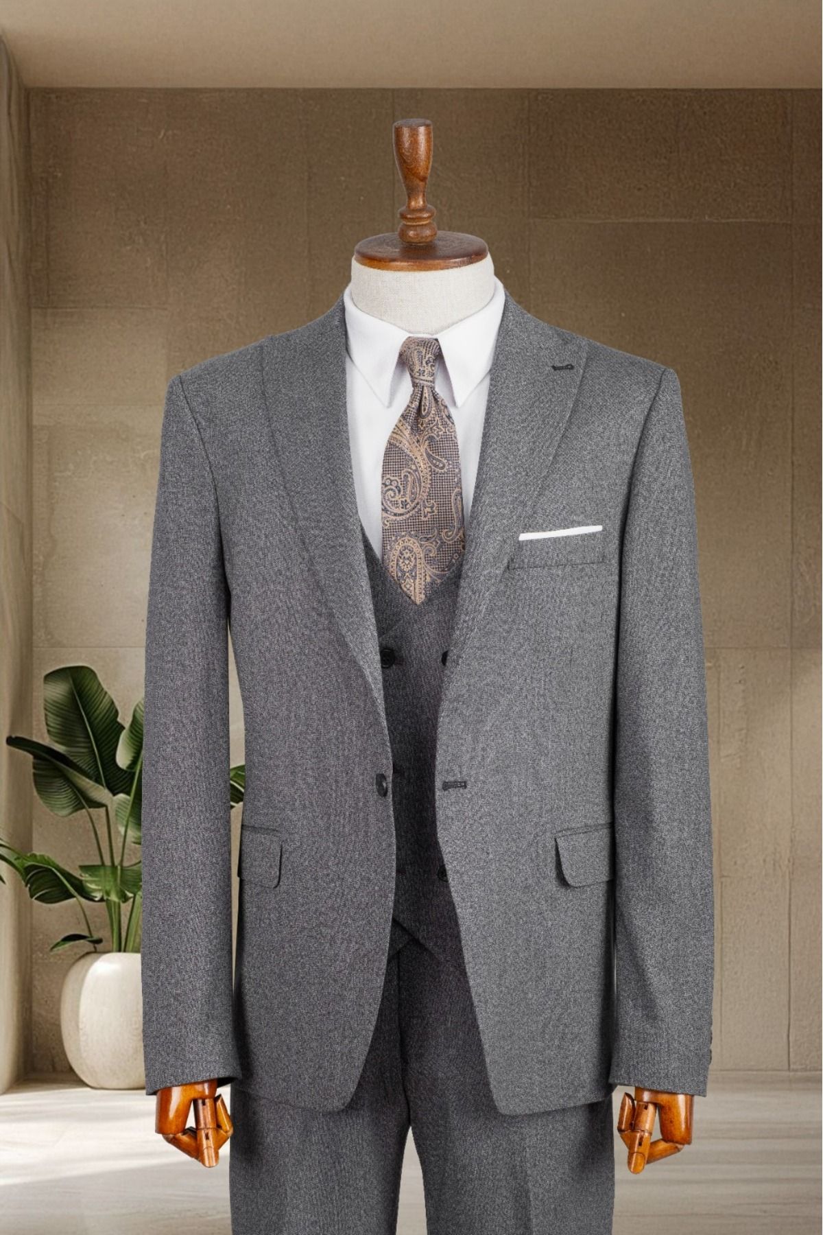 Sergio Ferraro Gri Slim Fit İtalyan Stil Erkek Takım Elbise- Ceket Yelek Pantolon Takım