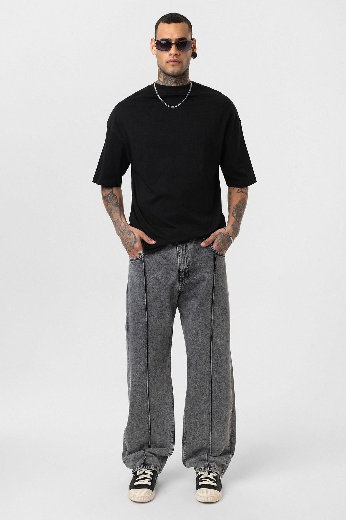 VAMOSCLO Dikiş Detaylı Relaxed Fit Jean Gri