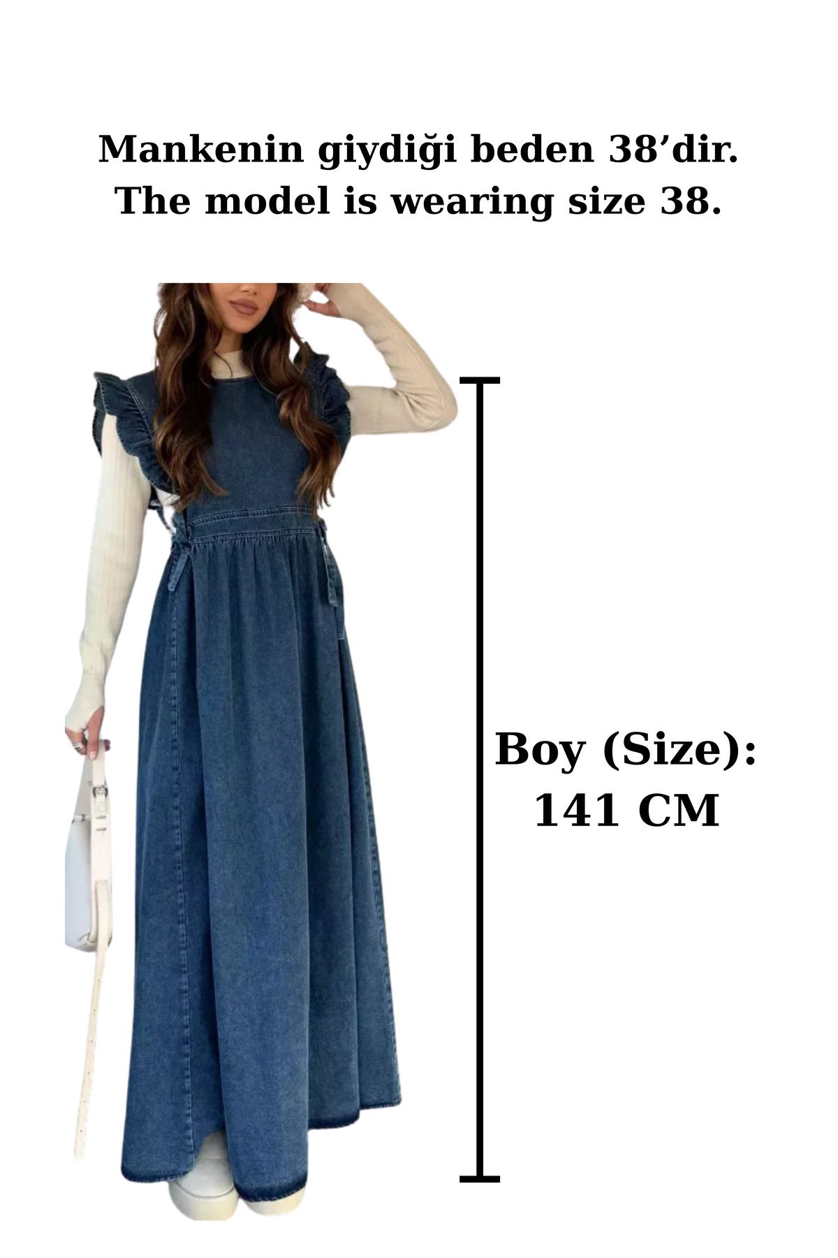 GÜLSELİ-Rochie albastră din denim cu cravată în talie 5