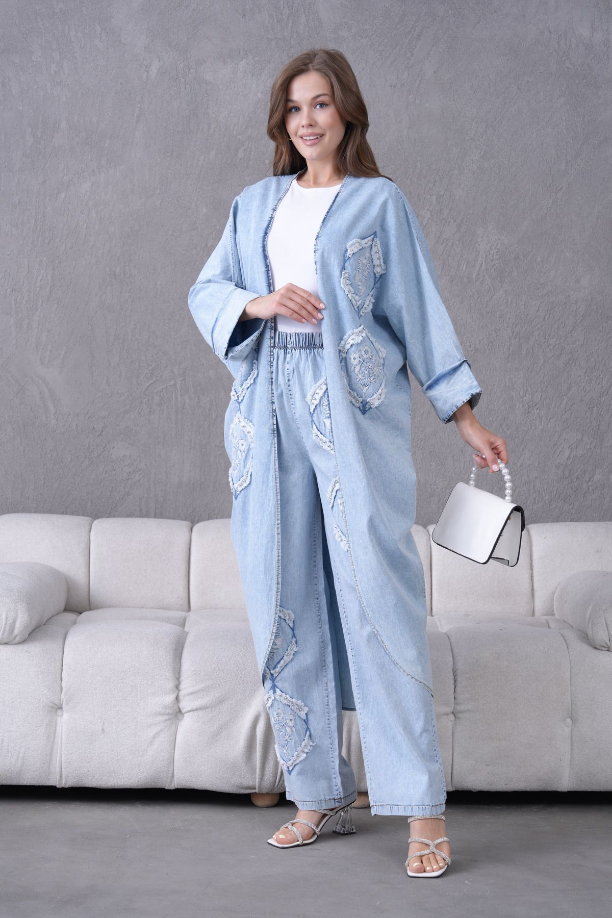 Miss Allos Kadın Hırka Ve Pantolonu Nakışlı Taş Detaylı Kot Kimono Hırka Ve Kot Pantolon Alt Üst Takım