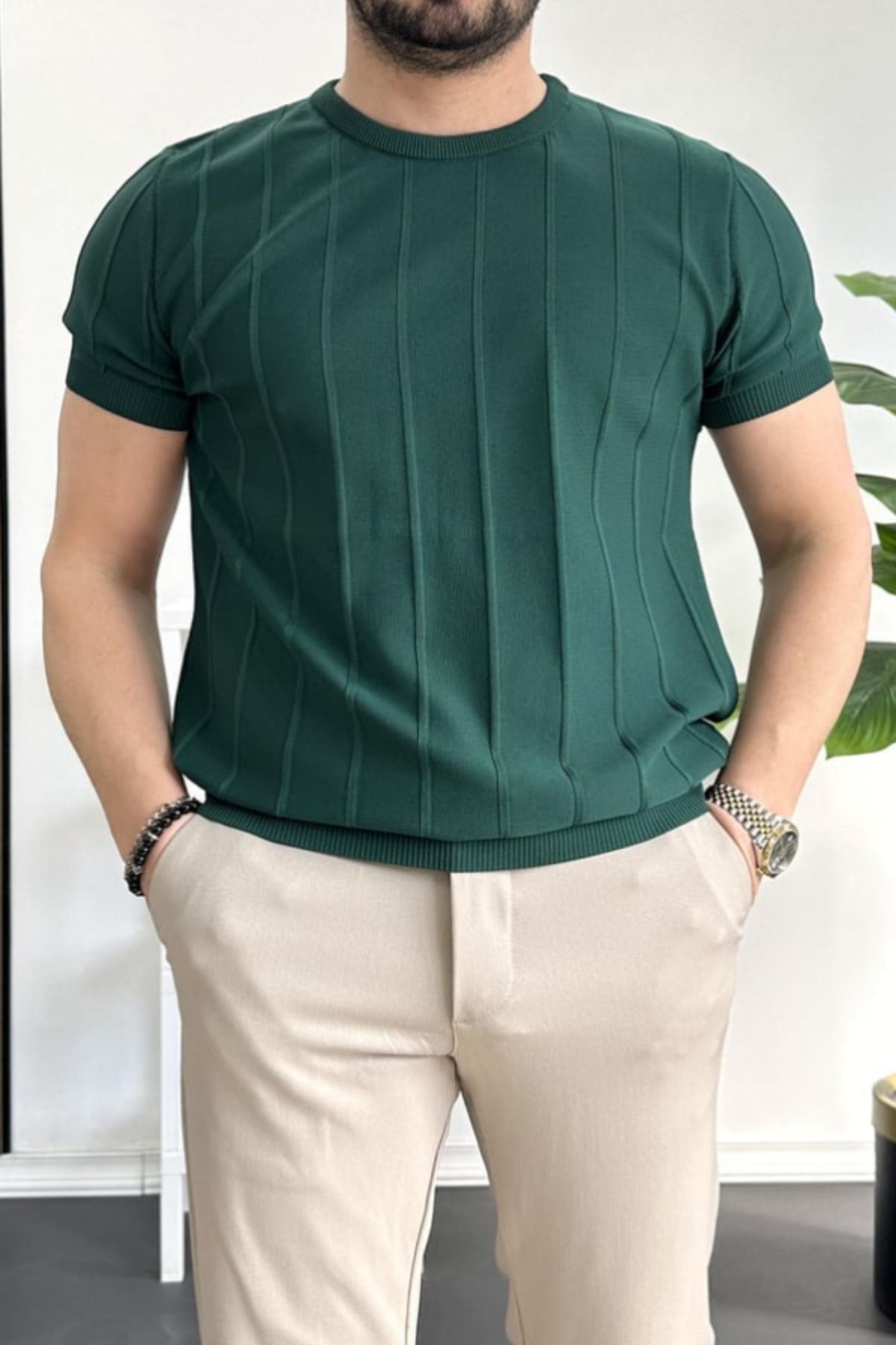 GAYIŞ Petrol Yeşili Erkek Bisiklet Yaka Örme Triko T-shirt, Haki Erkek Fitilli Tişört