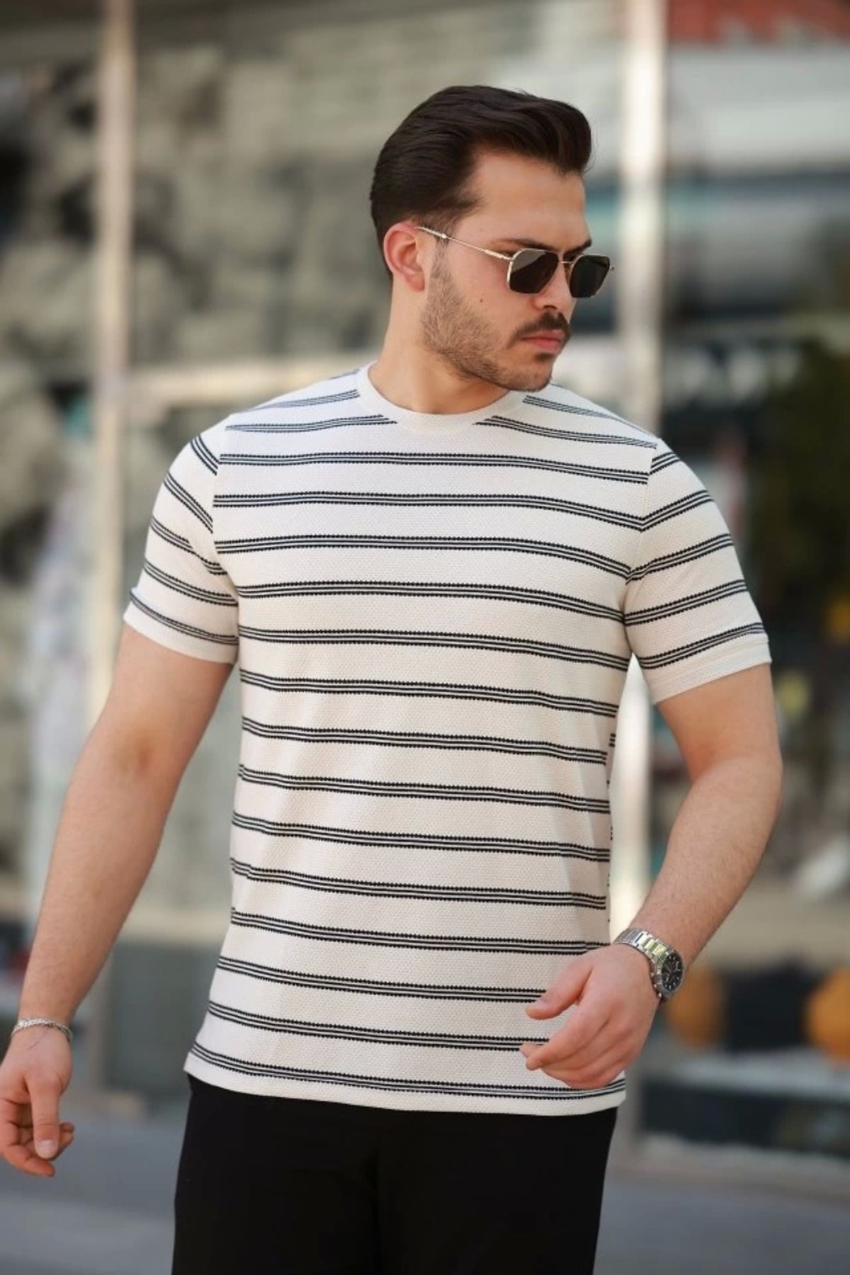 Kaplan Erkek çizgili Kısa Kollu T-shirt