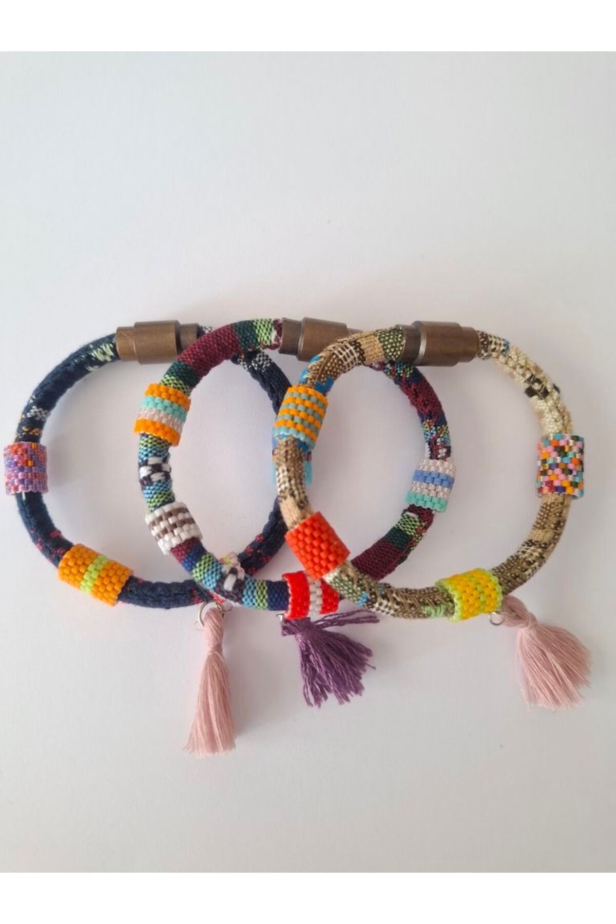 boncuktanseyler Miyuki Boncuklu Mıknatıslı Otantik Etnik Desen Püsküllü 3'lü Kilim Bileklik