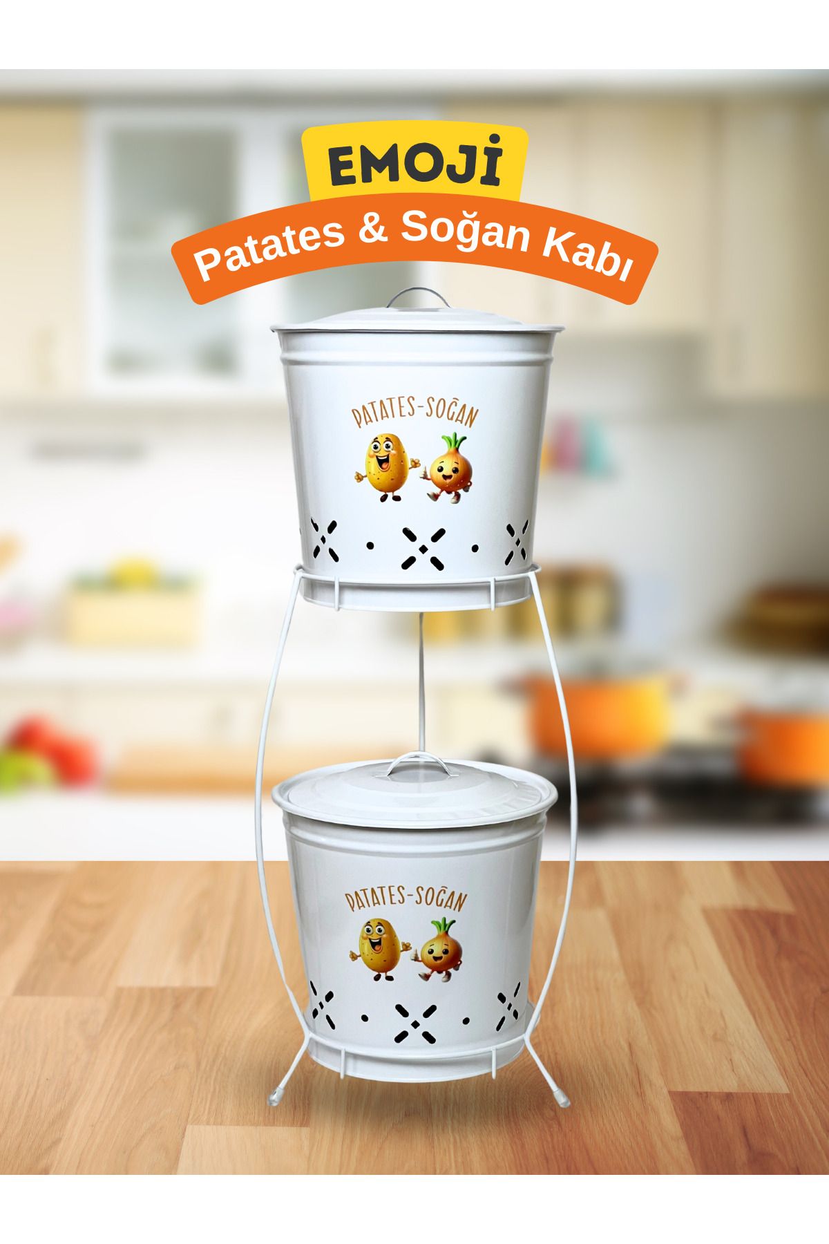 metalshop 2 Katlı Metal Patates Soğan Kovası - Sebzelik - Patates Soğanlık Sepeti Beyaz