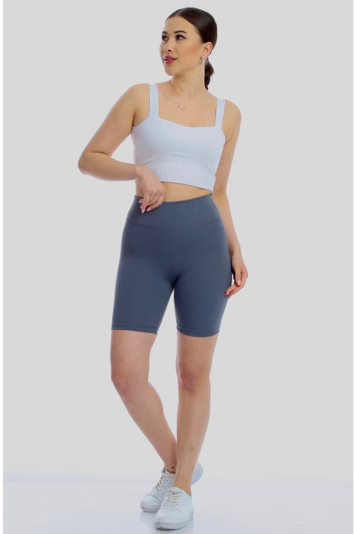 ayşem butik Mavi Fitilli Seamles Çizgili Kısa Şorttayt Yüksek Bel Örme Fitilli Biker Sportayt Toparlayıcı
