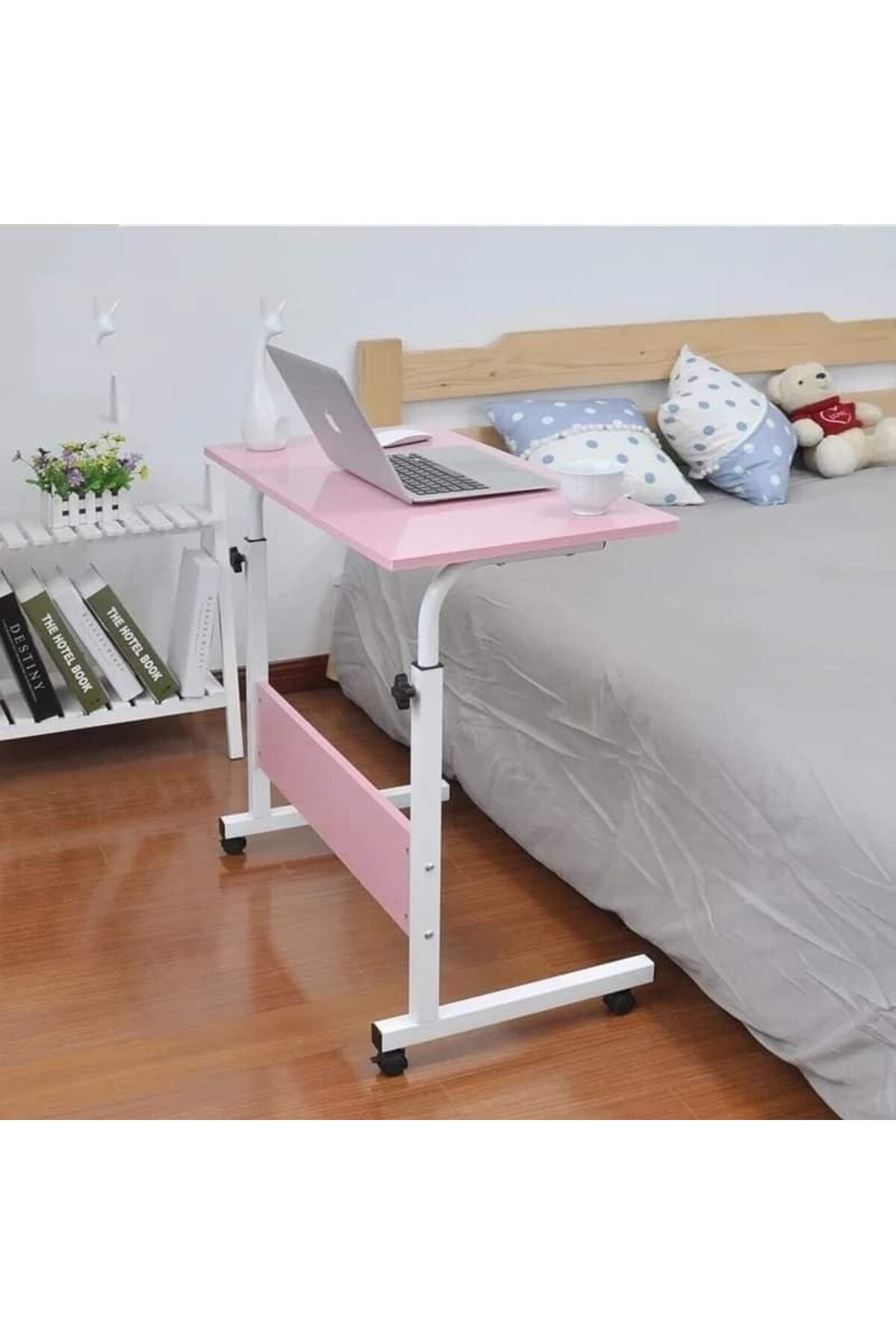 🖥️ طاولة لابتوب بعجلات قابلة للتعديل 90 * 40 سم,مكتب كمبيوتر متنقل للبيت والمكتب لون بينك,زهري
