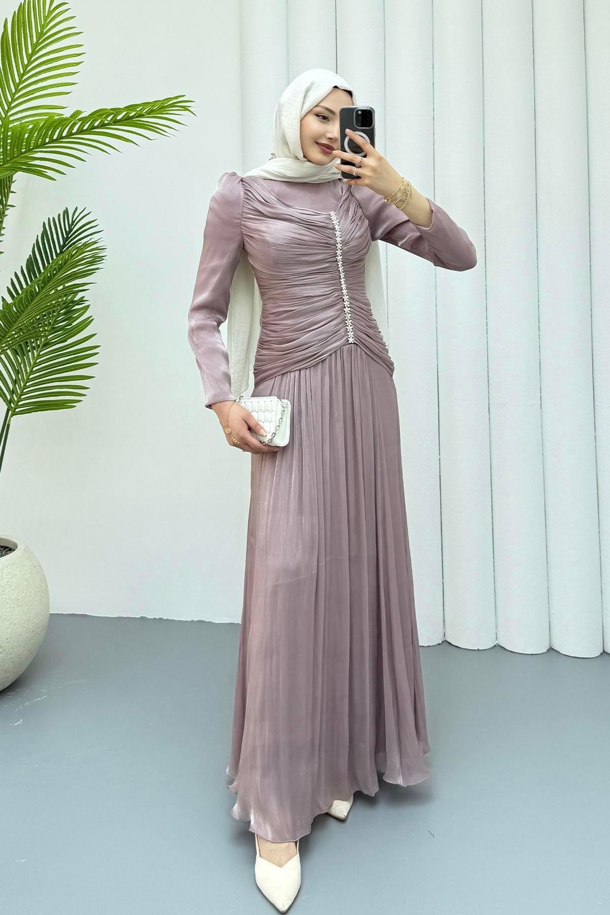 Modaensarbutik Taş İşlemeli Drapeli Tesettür Abiye-GÜL KURUSU